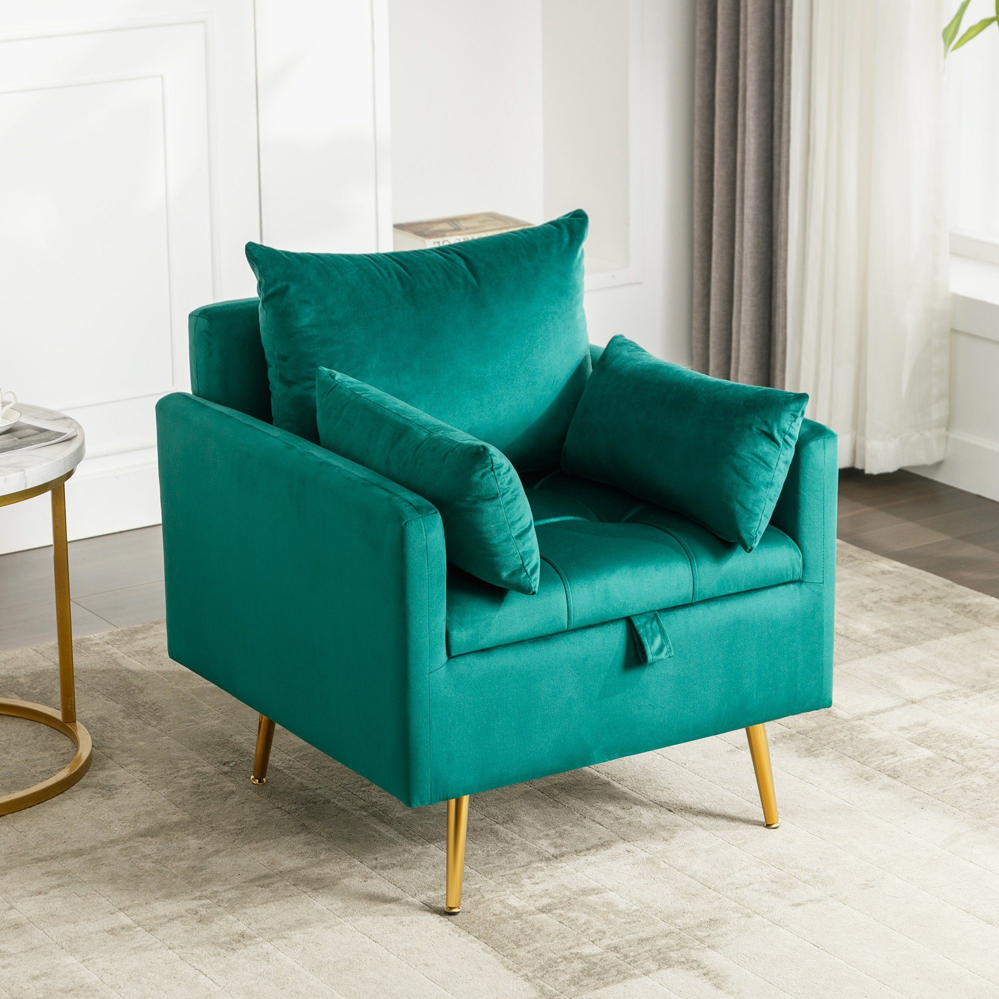REDOM Sessel Loungesessel, Einzelsessel, Polstersessel, mit Stauraum (Moderner Samtstuhl), Sessel mit Kissen, mit roségoldenen Metallbeinen