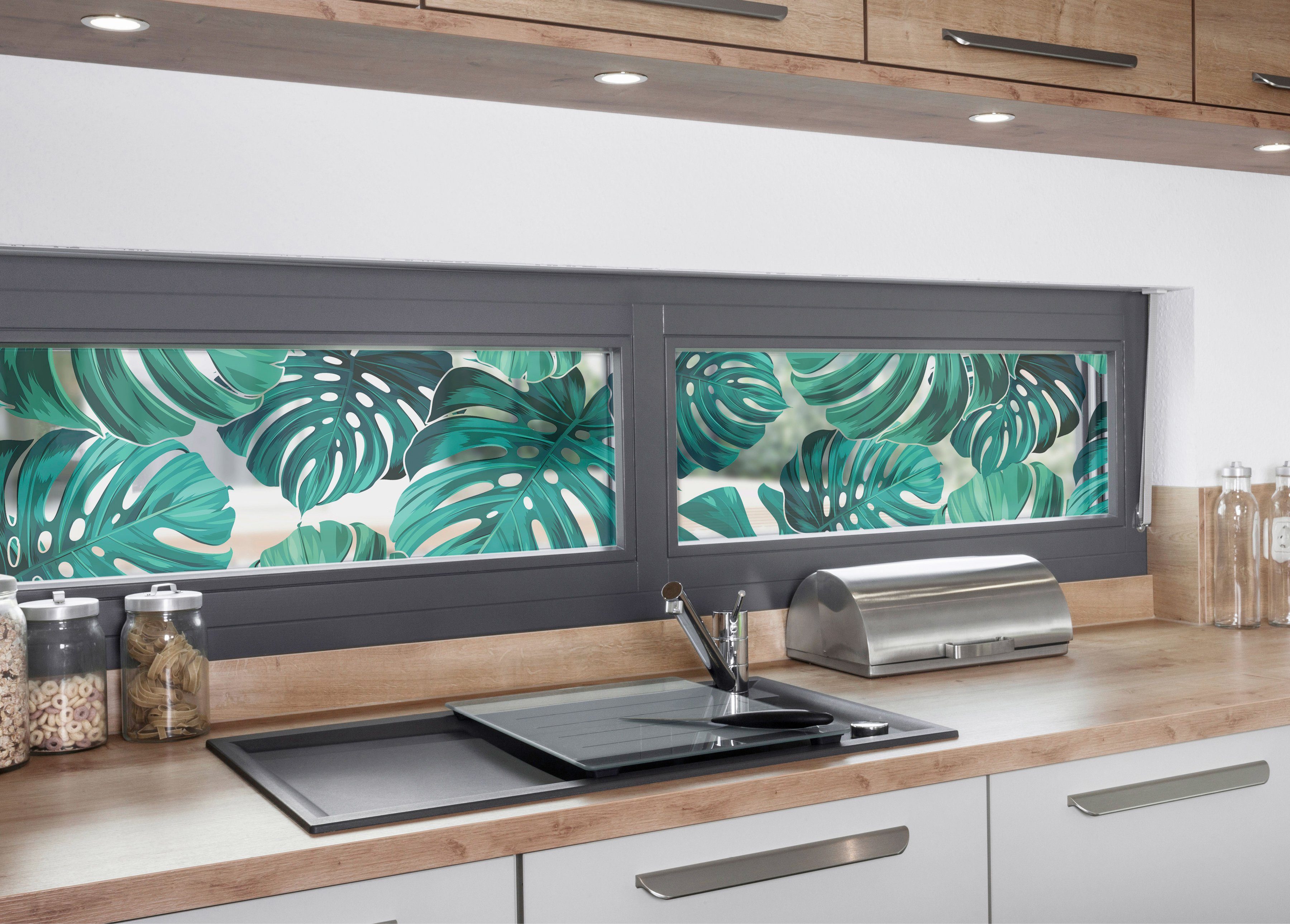 Fensterfolie look Monstera petrol, MySpotti, blickdicht, glatt, Sichtschutz