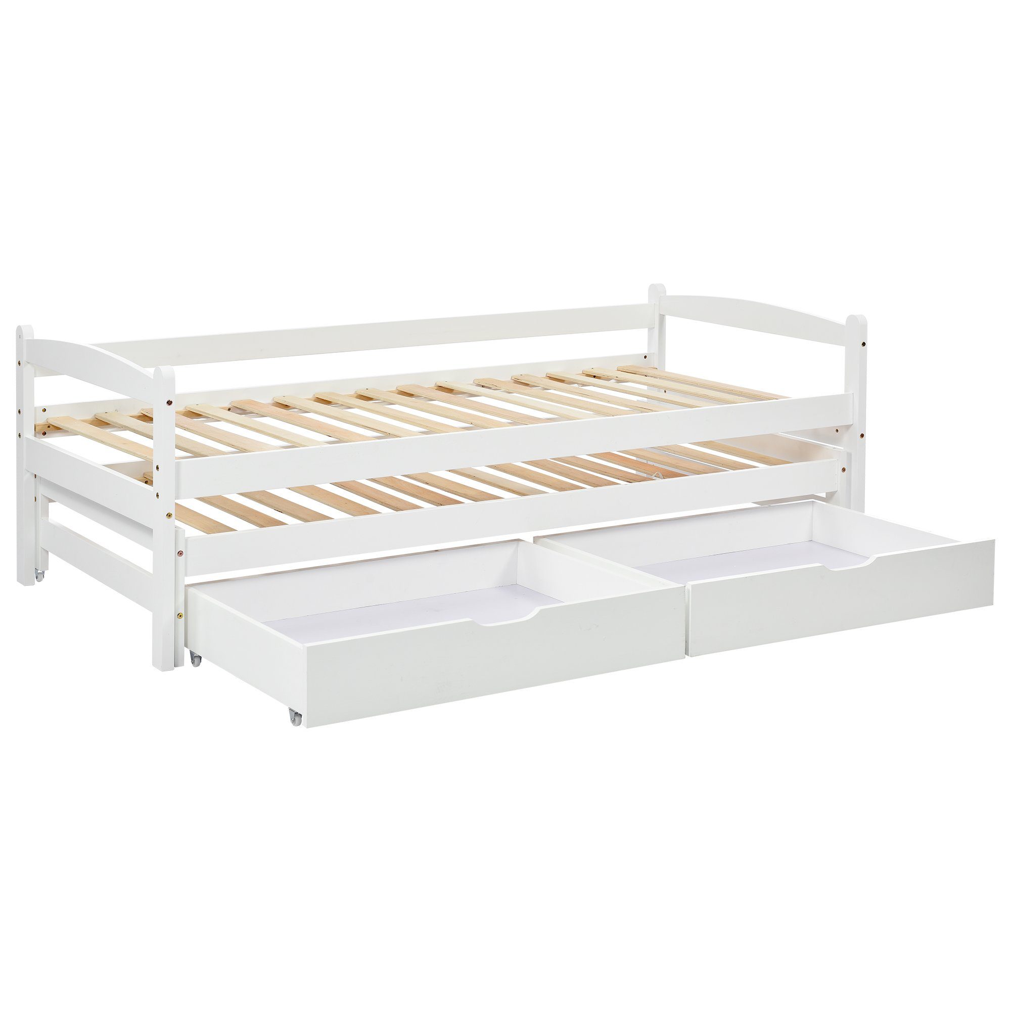 WISHDOR Kinderbett Bett, Tagesbett, Einzel- und Doppelbett, Schiebebett (mit 2 MDF-Schubladen, mit Rollen unten 200x90cm/190x90cm), Ohne Matratze