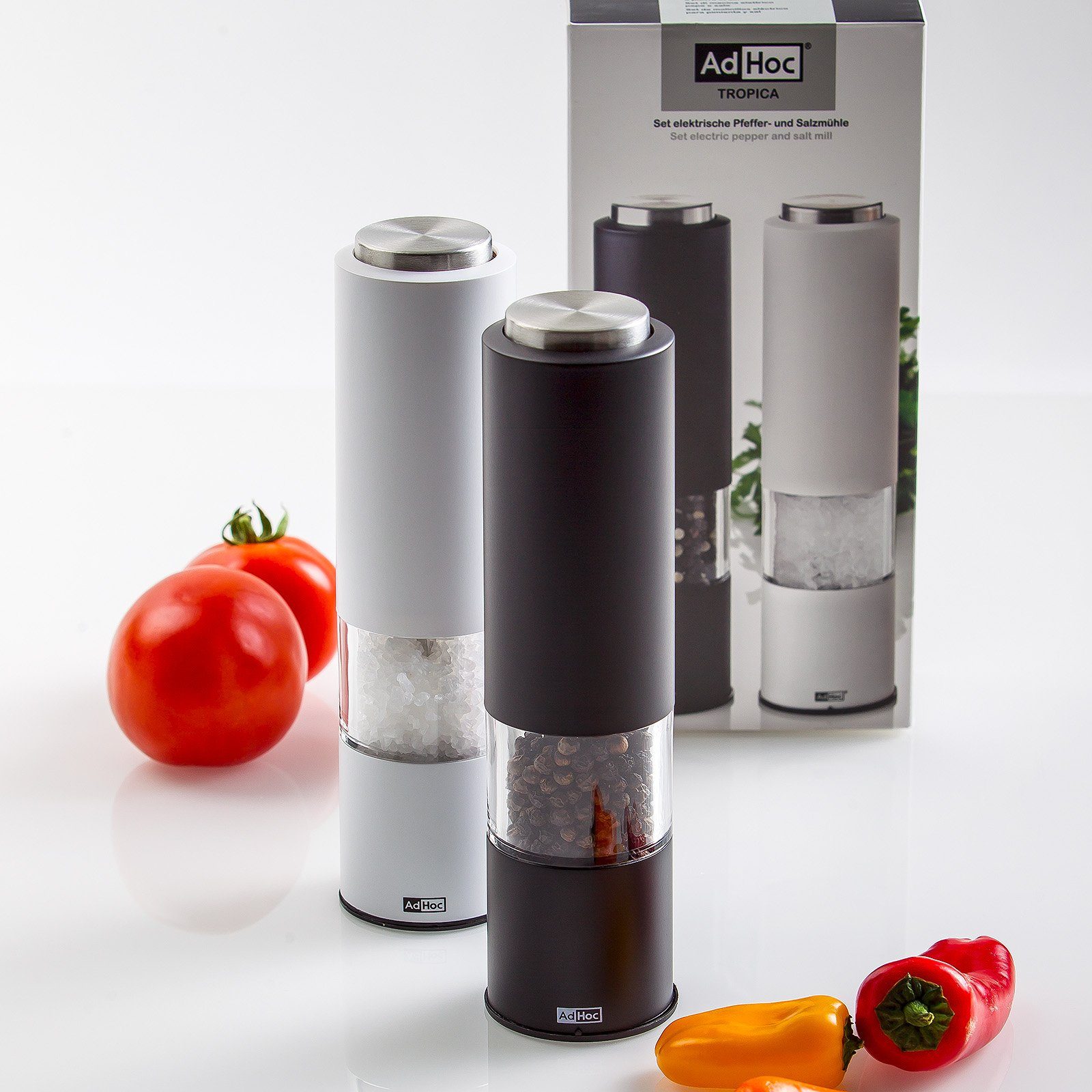 AdHoc Salz-/Pfeffermühle Tropica elektrisch, (2 Stück), elektrische Gewürzmühlen, Keramik-Mahlwerk, modernes Design, LED