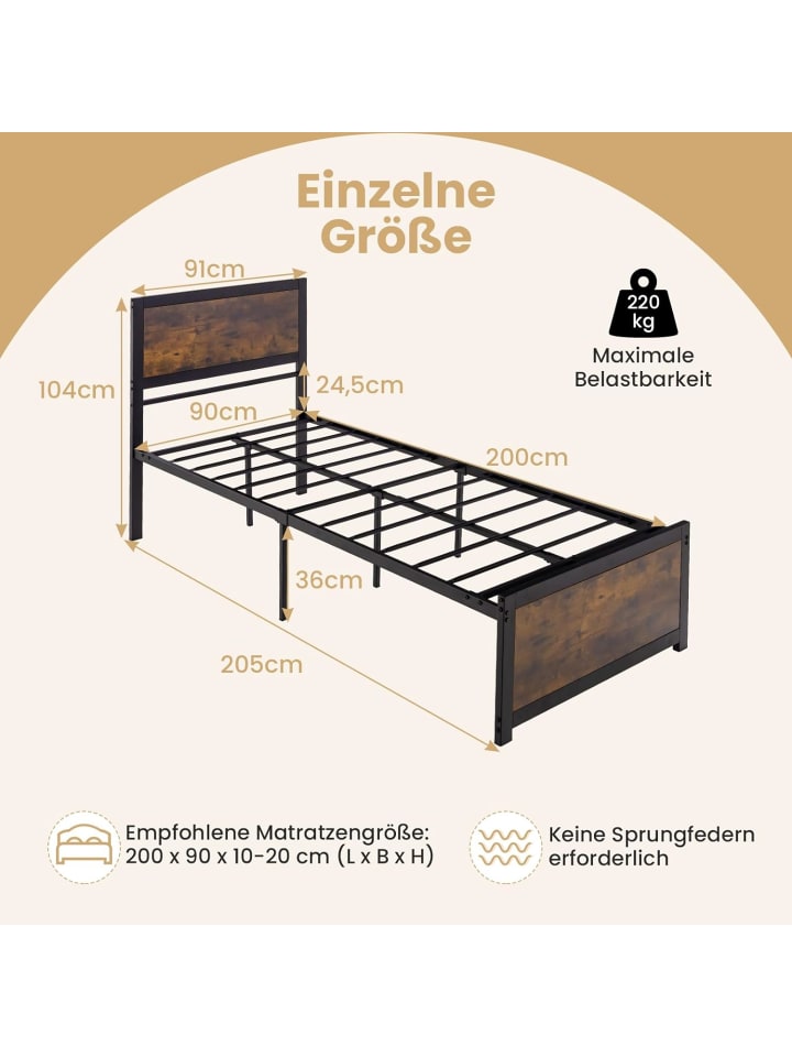 COSTWAY Bettgestell 90 x 200 cm in Braun günstig kaufen onesize