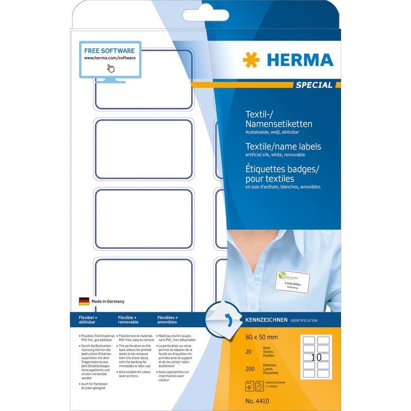 HERMA Namensschilder 4410 Weiß Rechteckig 80 x 50 mm 20 Blatt à 10 Etiketten