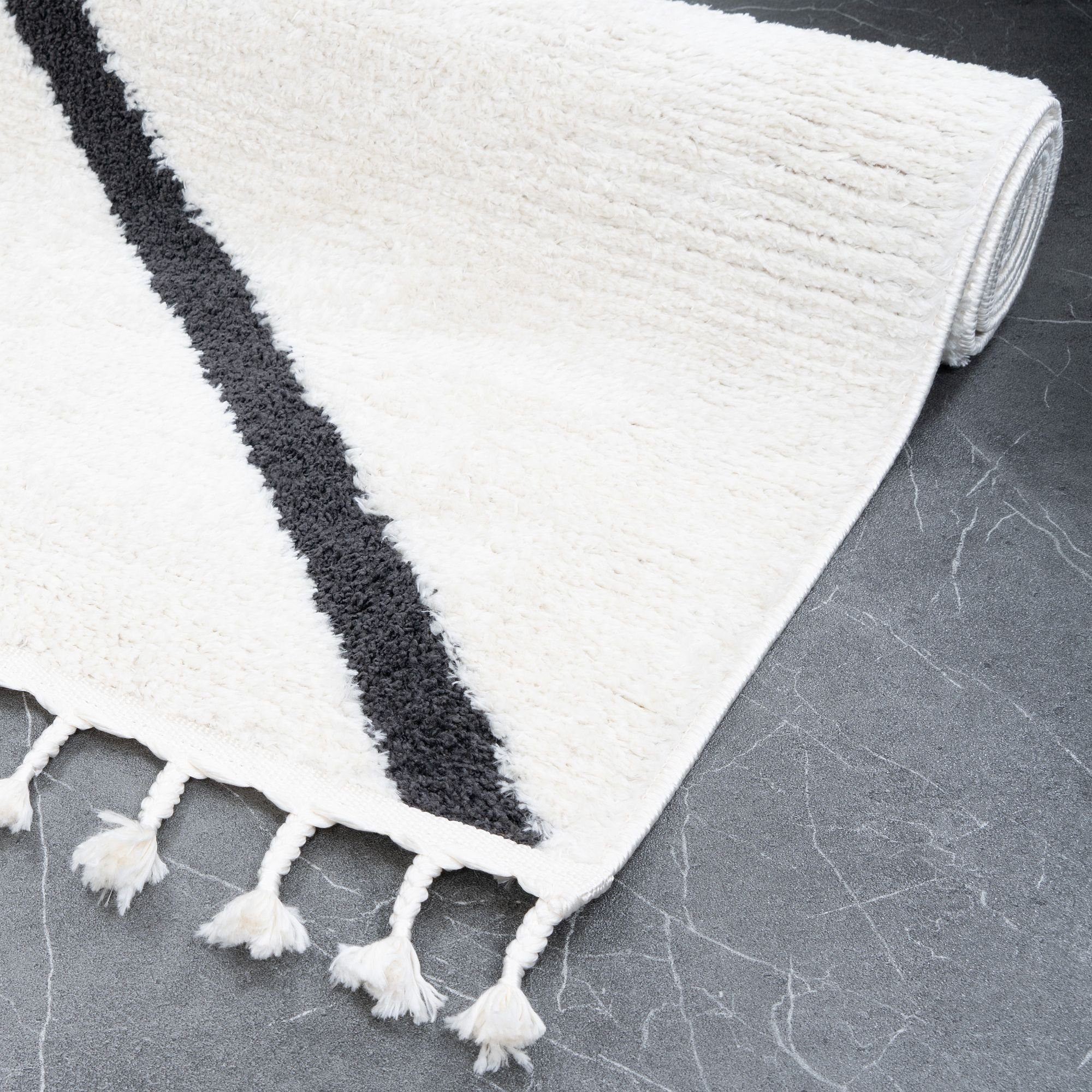 Designteppich BERBER Teppich Wohnzimmer ivory creme weiß kurzflor Fransen Skandi, Consilio Concept