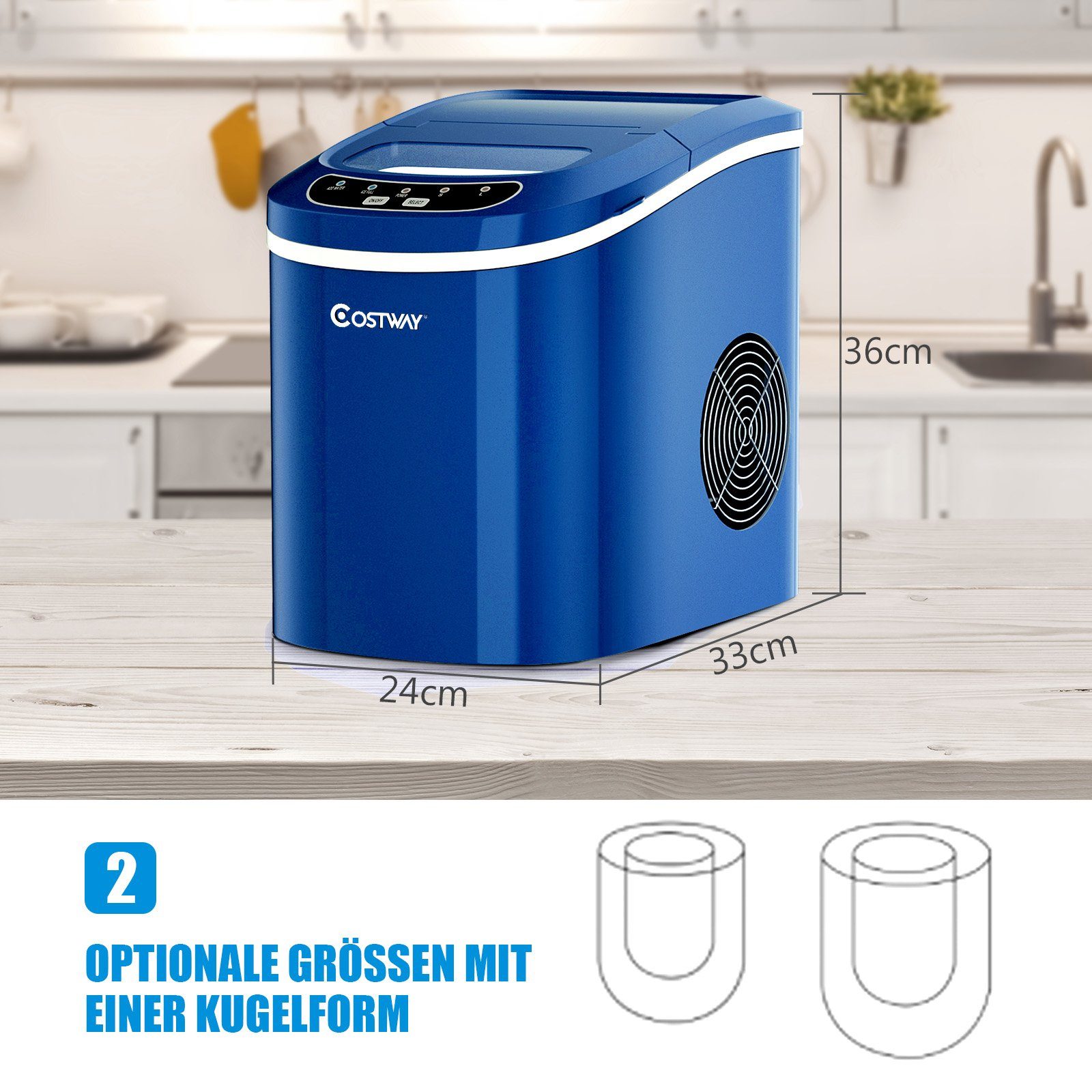 COSTWAY Eiswürfelmaschine, 2 Größen, 12kg in 24H, inkl. Eiswürfelschaufel