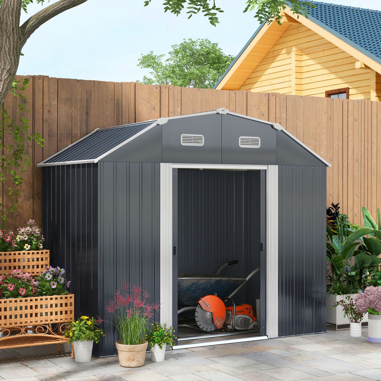 Outsunny Gerätehaus aus Stahl, 2,7 m² Geräteschuppen mit UV-Schutz, Dunkelgrau