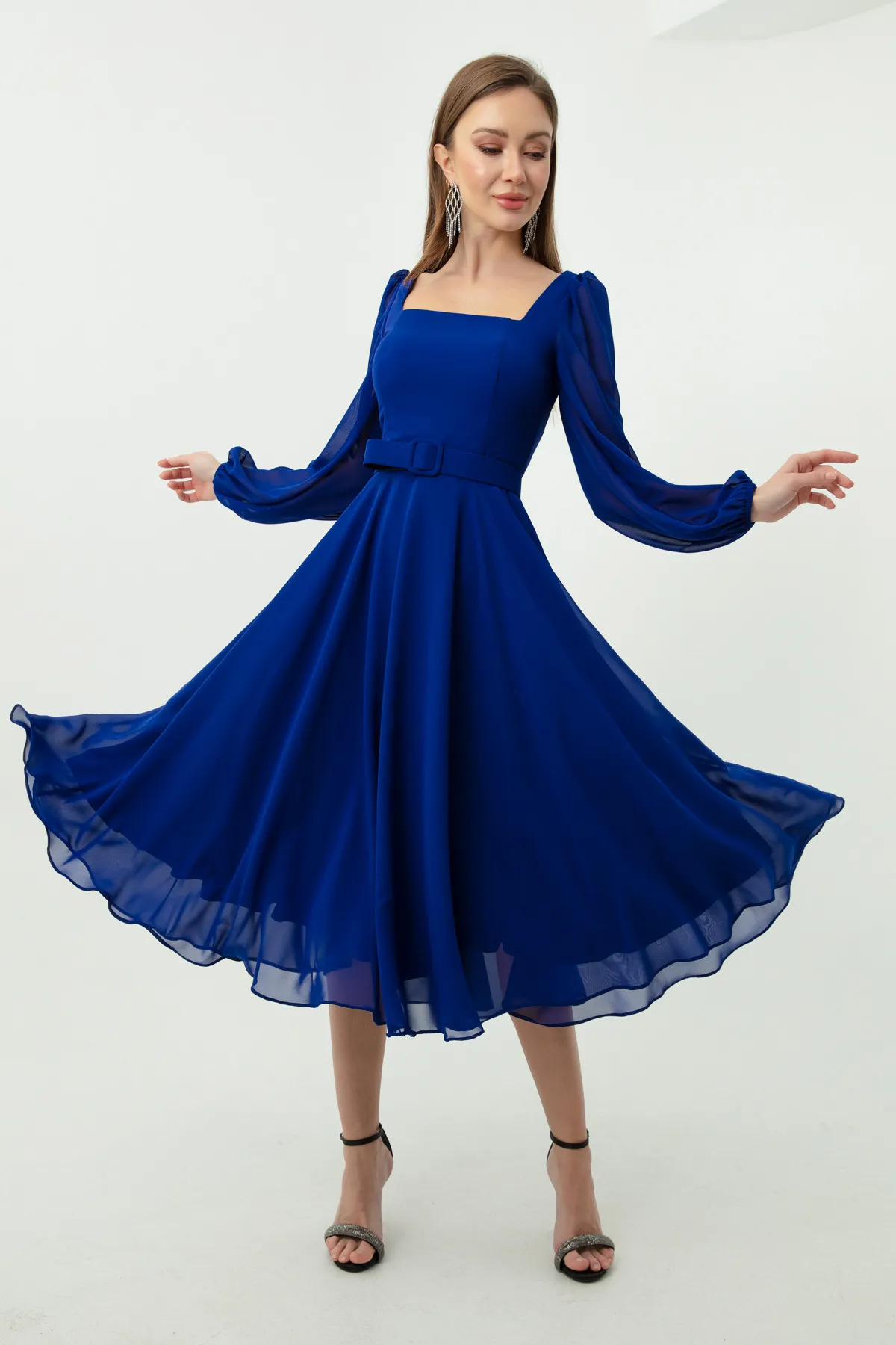 Lafaba  Saks Midi-Chiffon-Abendkleid mit quadratischem Kragen und Gürtel für Damen