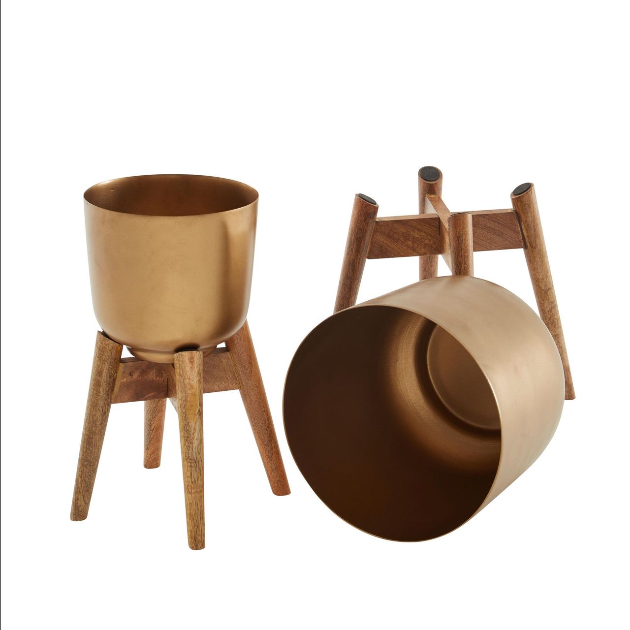 Skyport WOHNLING Blumentopf 2er Set Metall Holz Pflanzenkübel Gold Rund Pflanzgefäß