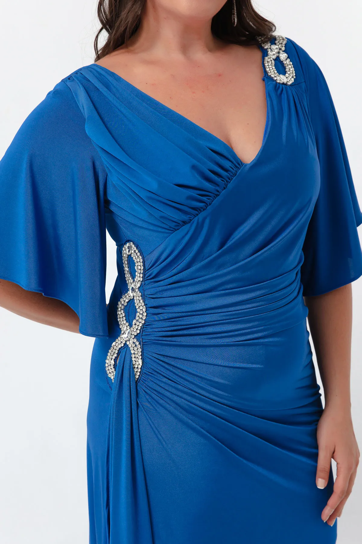 Lafaba  Blaues Abendkleid mit kurzen Ärmeln und Schlitz für Damen in Übergröße