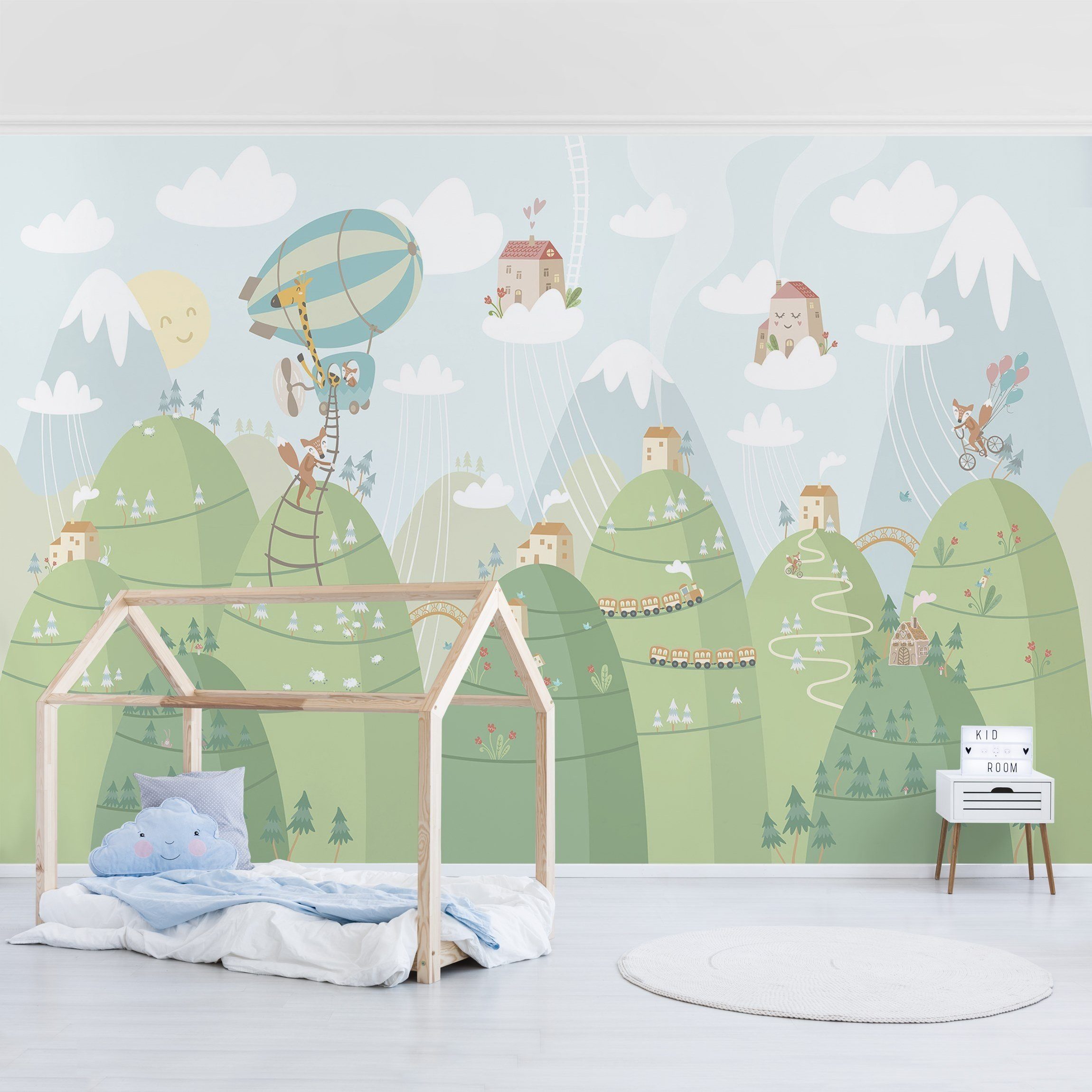 Bilderdepot24 Kindertapete Kinderzimmer Wald Häuser Tiere Kinder Wanddeko Berge Pastell, Glatt, Matt, (Inklusive Gratis-Kleister oder selbstklebend), Mädchenzimmer Jungenzimmer Babyzimmer Bildtapete Fototapete Wandtapete