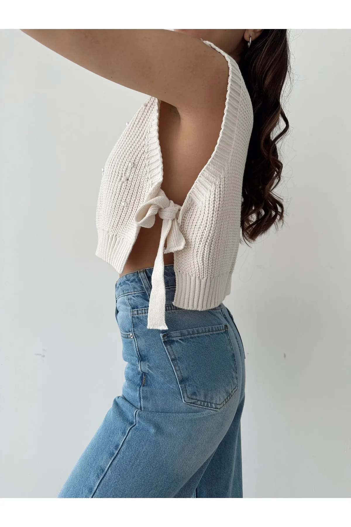 BEJNA  Damen-Strickpullover mit seitlichem Bindeband und Perlendetails