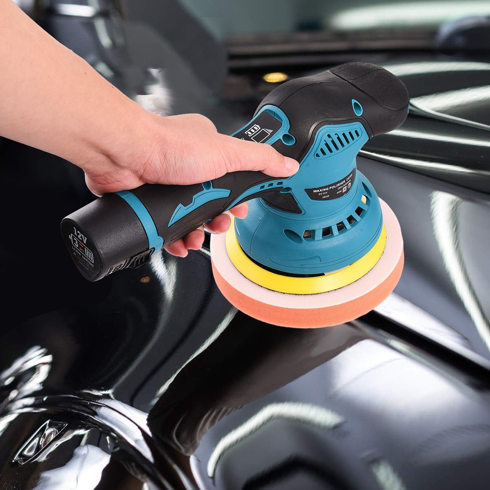SEEZSSA Poliermaschine 12V Schnurloser, Handschleifer mit einstellbarer Geschwindigkeit, Autopoliermaschine zum Schleifen und Polieren von Autos