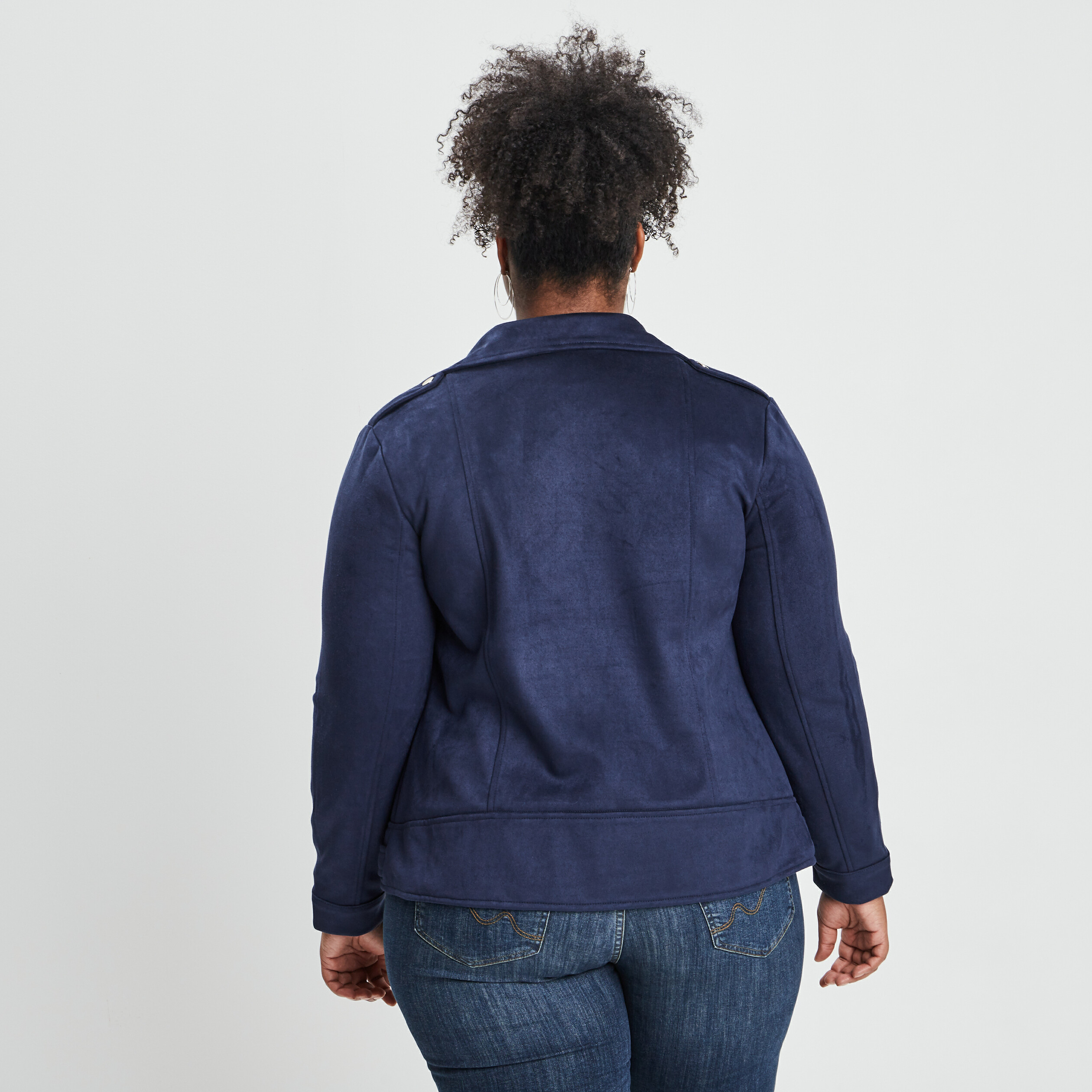 Blouson zippé effet suédine style biker bleu marine femme grande taille | La Halle
