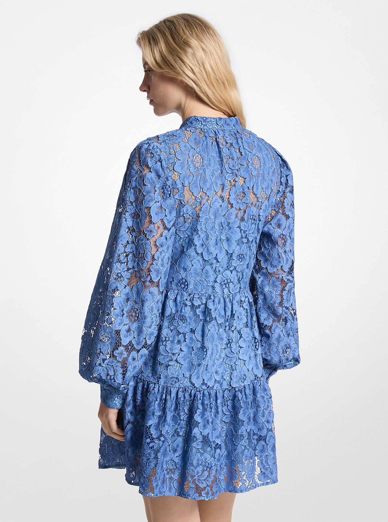 Floral Lace Tiered Cotton Blend Mini Dress - MIDNIGHTBLUE