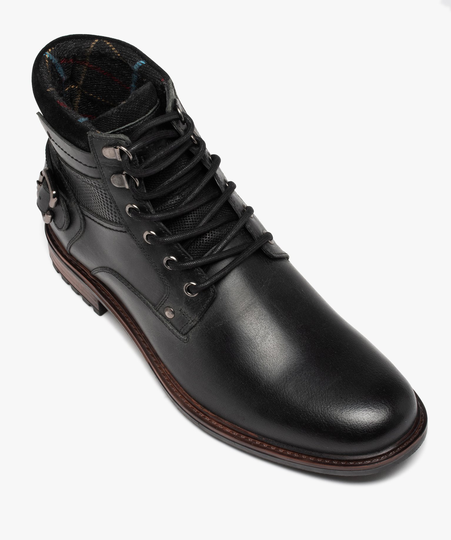Boots homme dessus en cuir uni à lacets et bride à boucle ... noir | GEMO