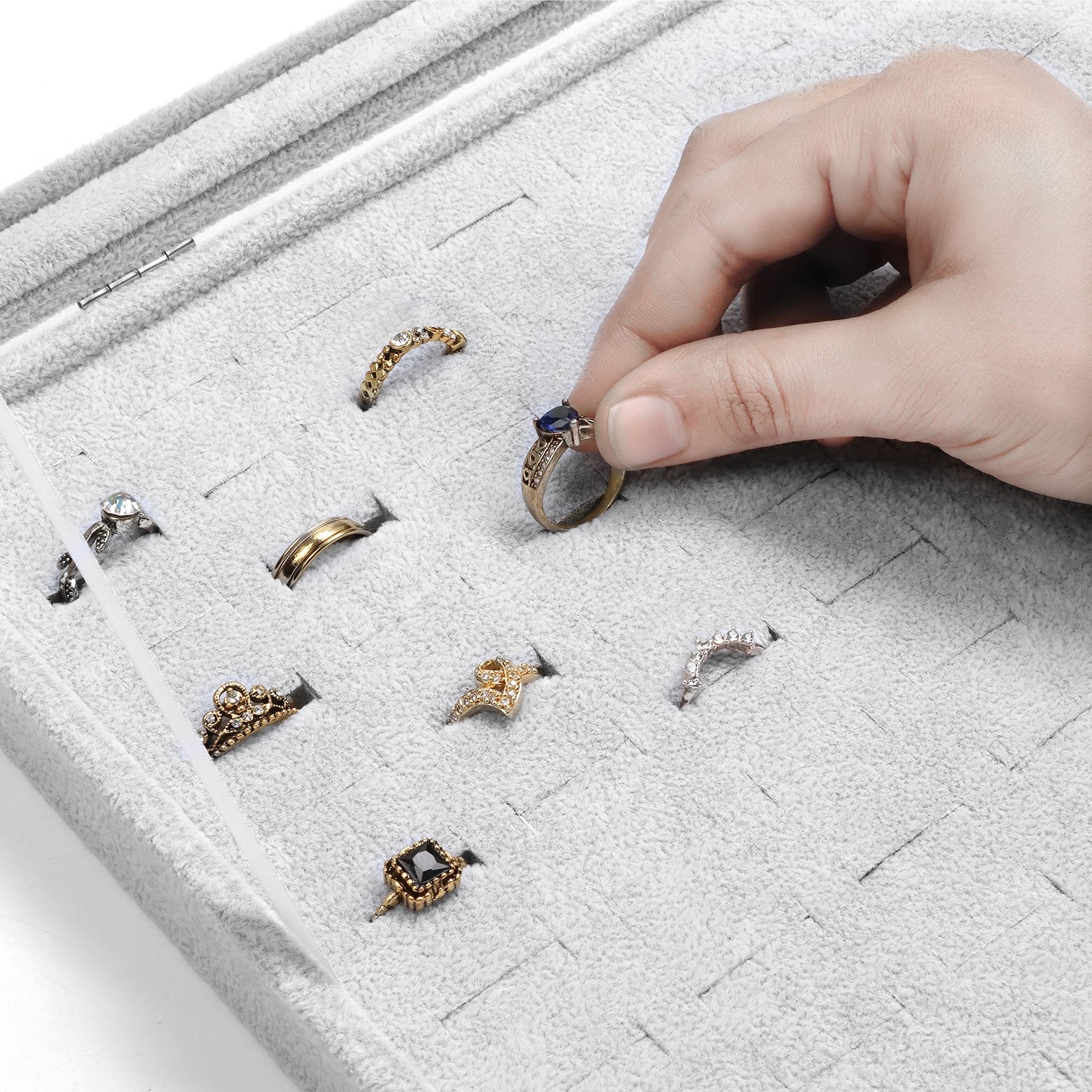 Belle Vous Schmuckständer Graue Schmuckaufbewahrungsbox: Ringbox mit 100 Fächern & Glasdeckel, Jewelry Storage Box: Gray Ring Box with 100 Compartments & Glass Lid