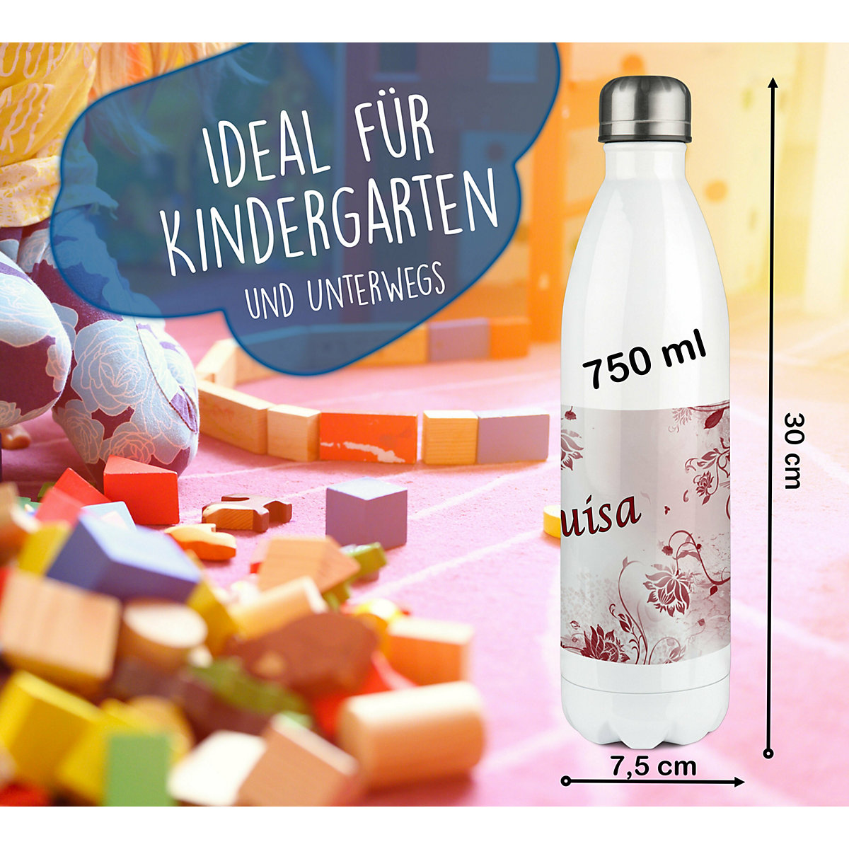 Edelstahl Kinder Thermoflasche / Trinkflasche bunt Blumenranke Farbe rot Spülmaschinenfest, Auslaufsicher, Bruchfest, Doppelwandig, Für Heißgetränke geeignet, Mit Deckel, Isoliert