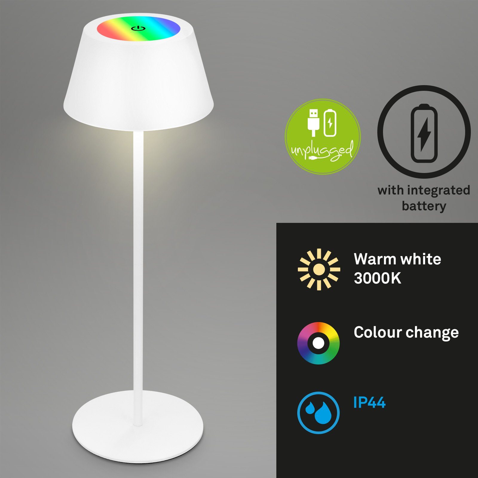 Briloner Leuchten Außen-Tischleuchte 7466016, LED fest verbaut, Farbwechsler, mit Akku, höhenverstellbar, RGB, USB-C, warmweiß, IP44, silber, 38 cm