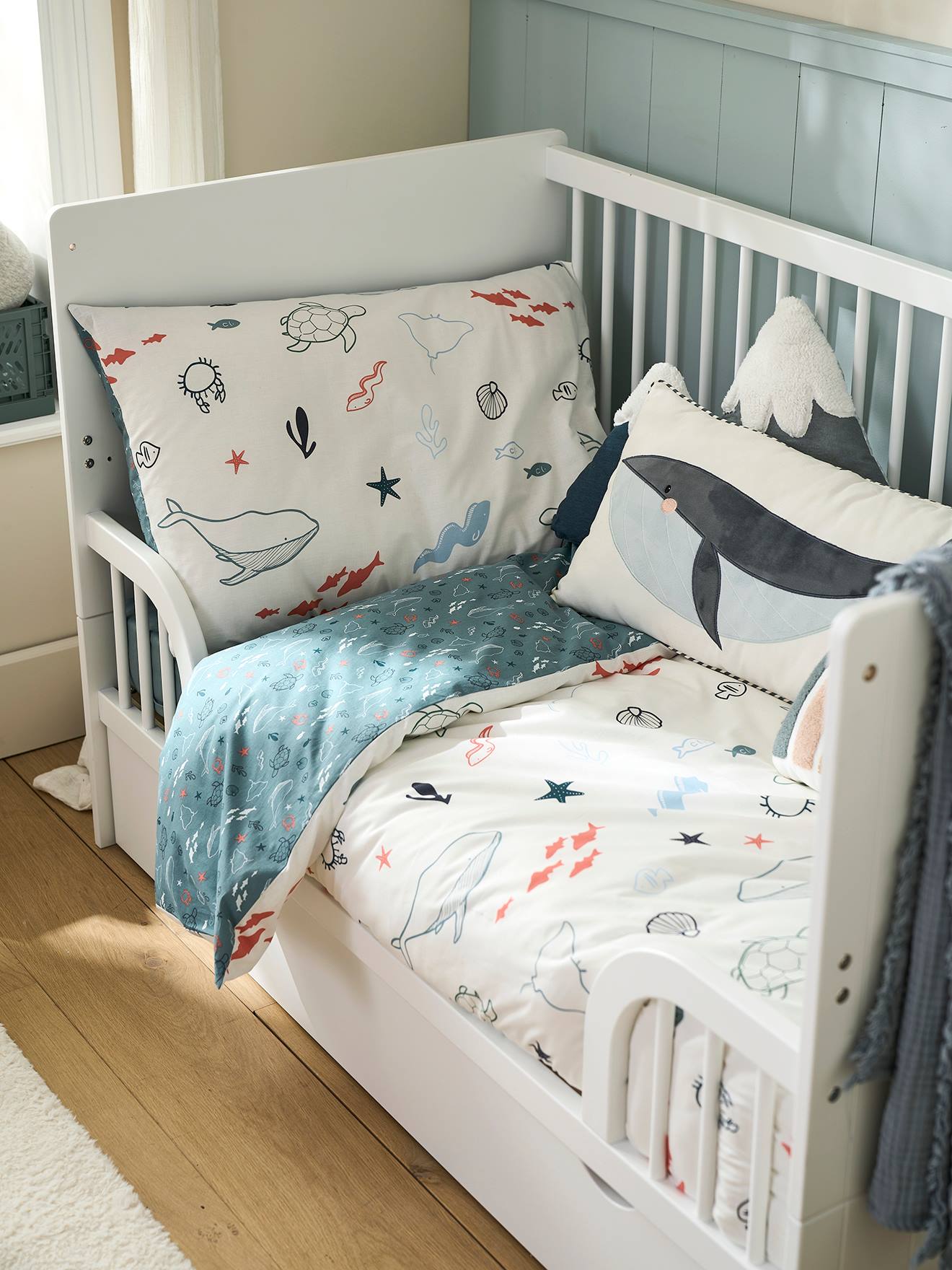 Vertbaudet Kinder Bettwäsche-Set MEERESTIEFE Oeko-Tex - wollweiß/aquamarin