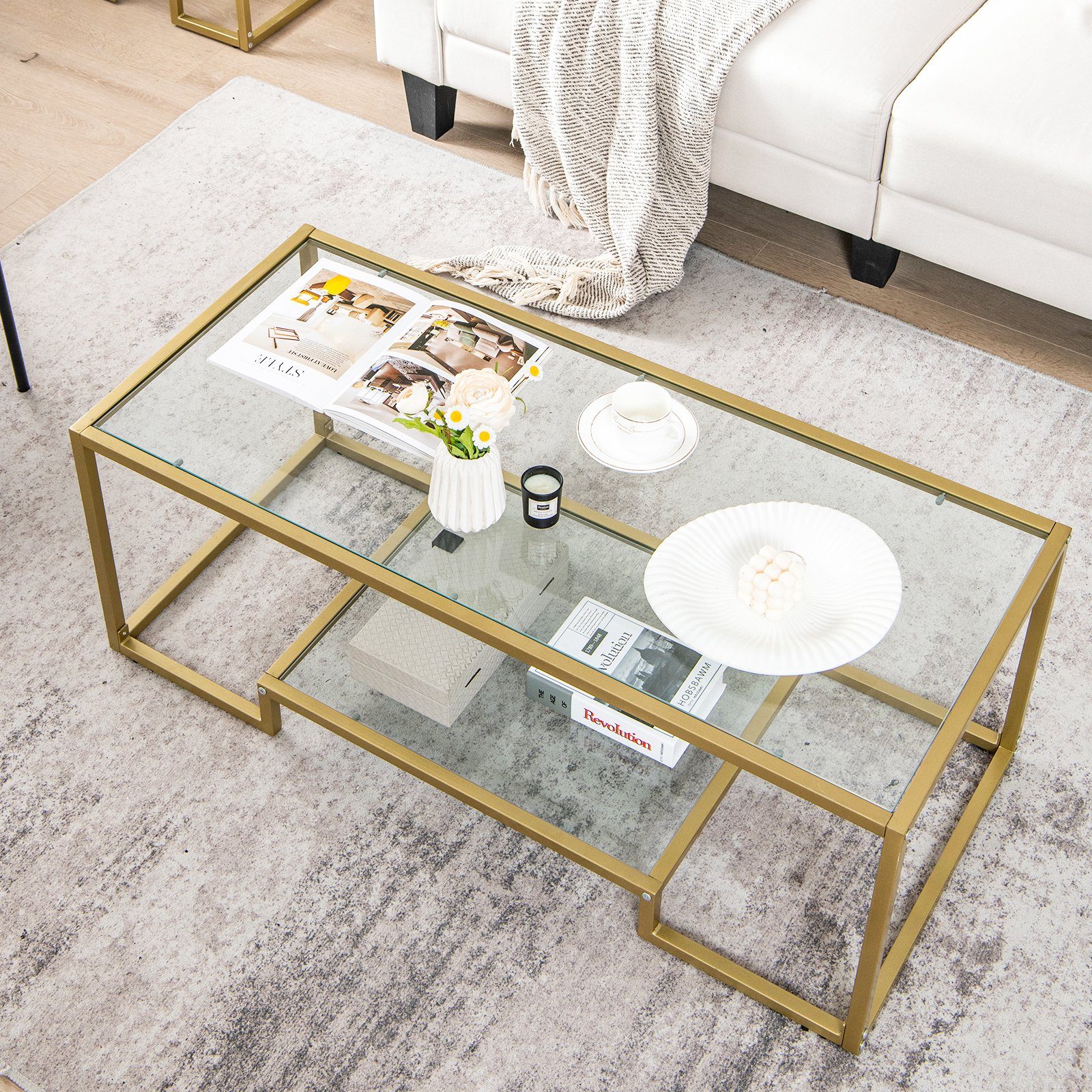 COSTWAY Couchtisch, Glas, Gold, mit Metallrahmen, 114 x 51 x 43,5 cm
