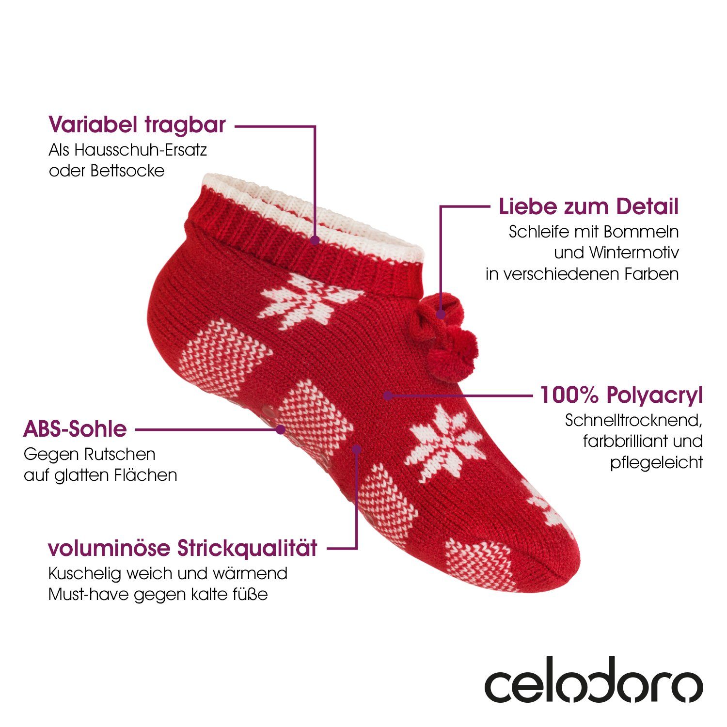 celodoro Haussocken Damen Norweger Strick Hüttensocken mit ABS-Sohle (1 Paar)
