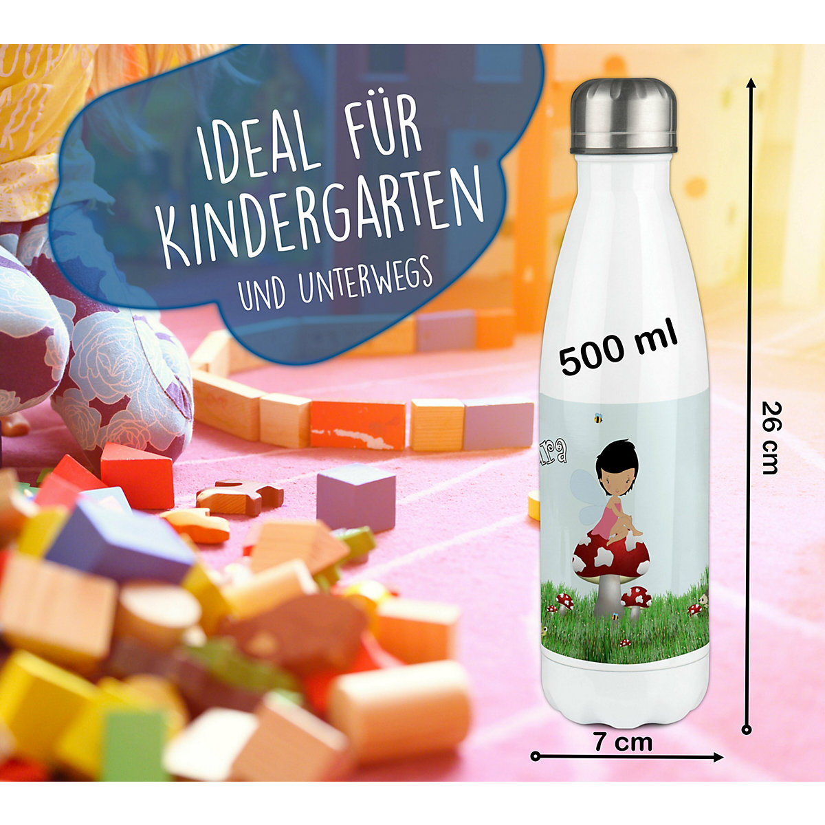 Edelstahl Kinder Thermoflasche / Trinkflasche bunt Waldfee Spülmaschinenfest, Auslaufsicher, Bruchfest, Doppelwandig, Für Heißgetränke geeignet, Mit Deckel, Isoliert