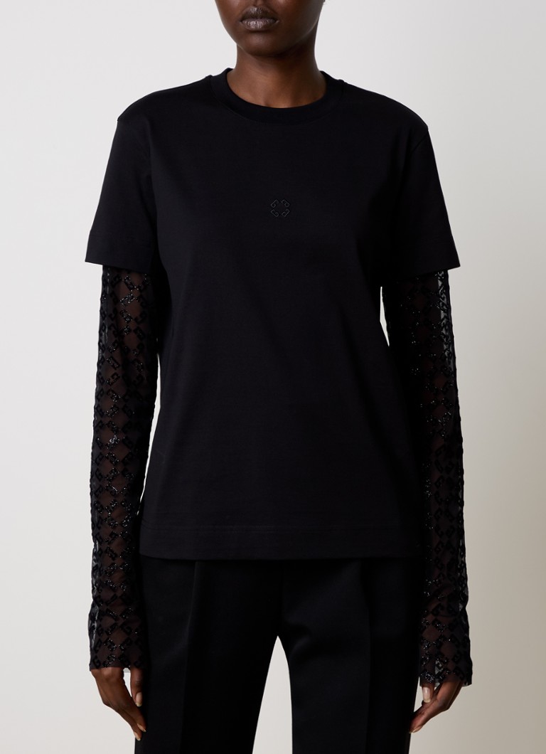 T-shirt Givenchy a maniche lunghe semitrasparente con logo stampato floccato e dettagli in rete.