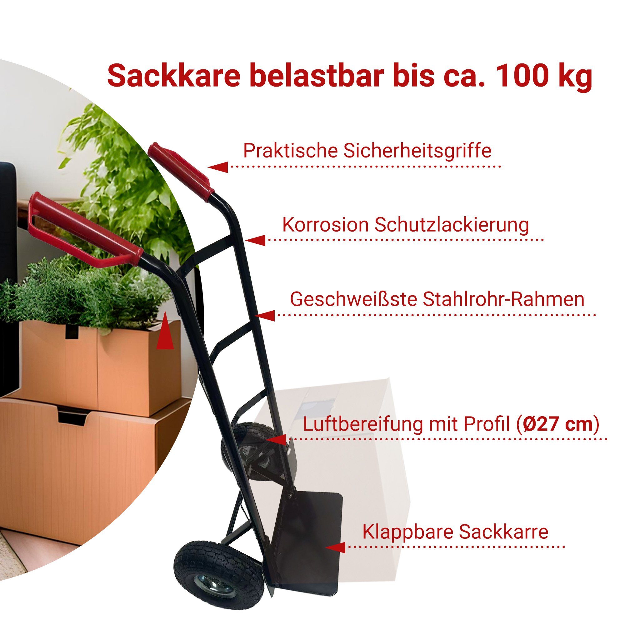 TRISENS Treppensackkarre, Aufklappbare Transportkarre mit Sicherheitsgriffen und Luftbereifung