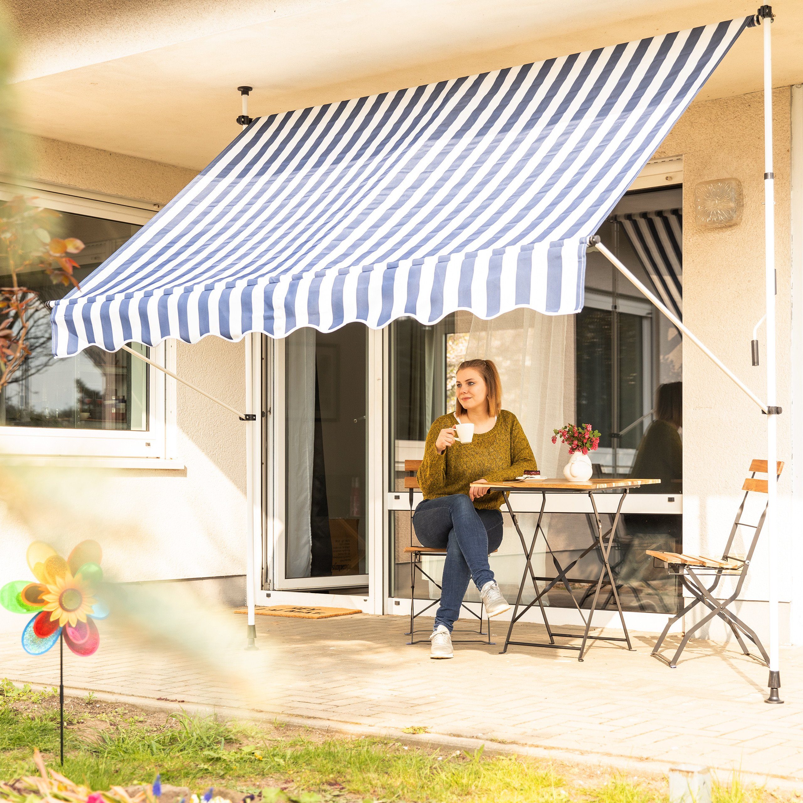 relaxdays Klemmmarkise Klemmmarkise blau weiß 250 x 120 cm