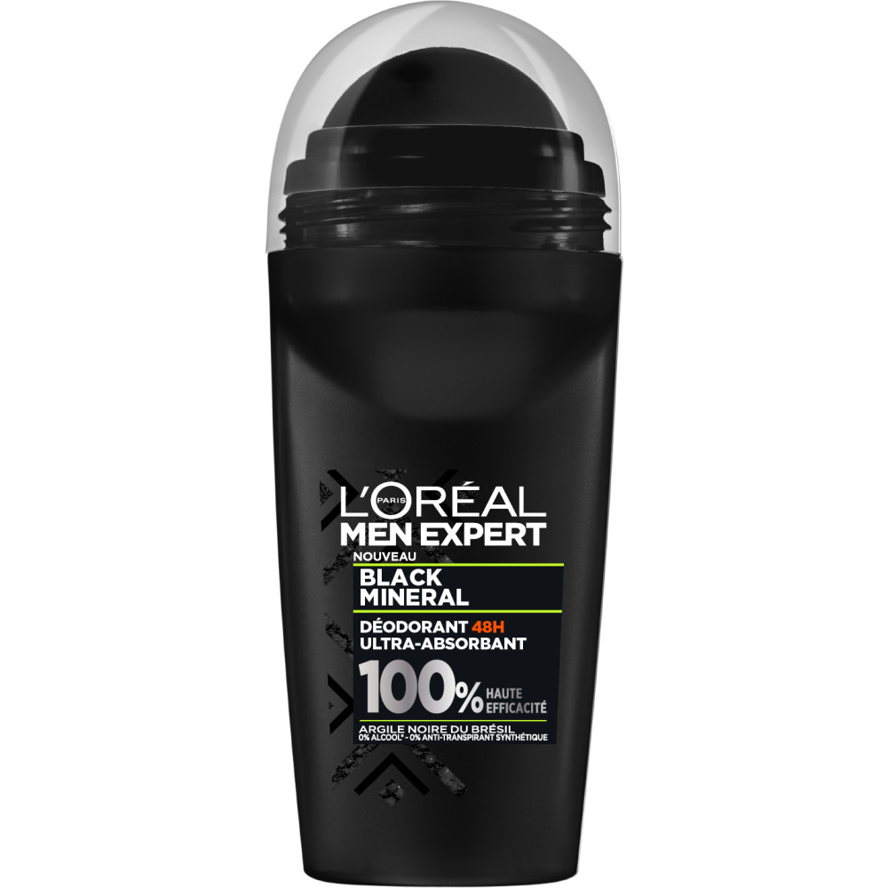 L'Oréal Paris L'Oréal Men Expert Black Mineral Déodorant Bille 0% Alcool - 50ml Déodorant Bille 48h Ultra Absorbant Homme