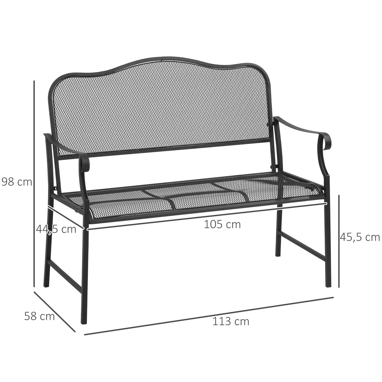 Outsunny Gartenbank 2-Sitzer Parkbank Sitzbank Terrassenbank bis 220 kg belastbar mit Rückenlehnen Metall Schwarz 113 x 58 x 98 cm