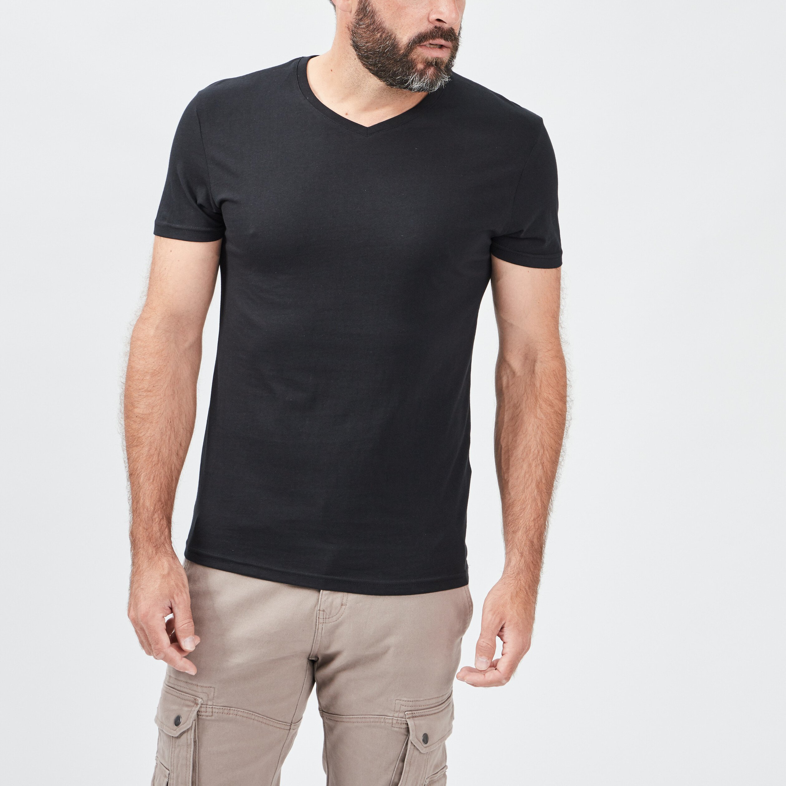 T-shirt manches courtes coton col V noir homme | La Halle