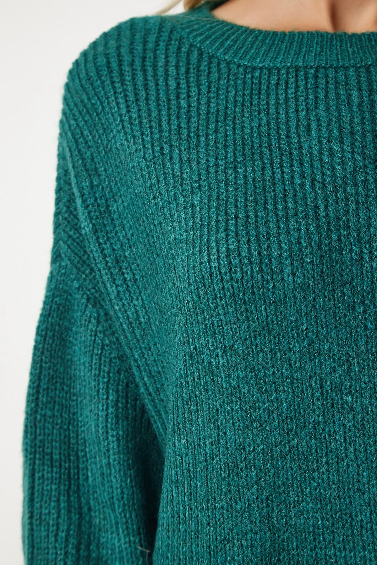 Happiness İstanbul  Damen Smaragdgrünes Oversize-Sweatshirt aus Basic-Strick BV00099