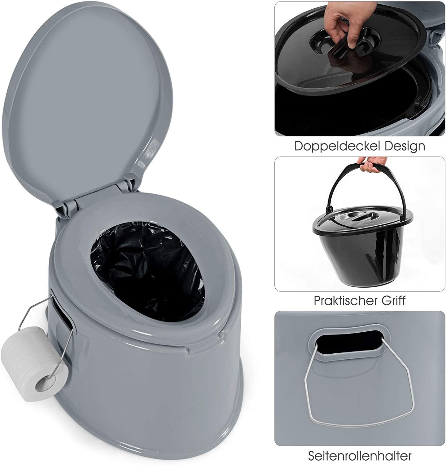 KOMFOTTEU Campingtoilette, mit Toilettenpapierhalter, Deckel & abnehmbare Eimer