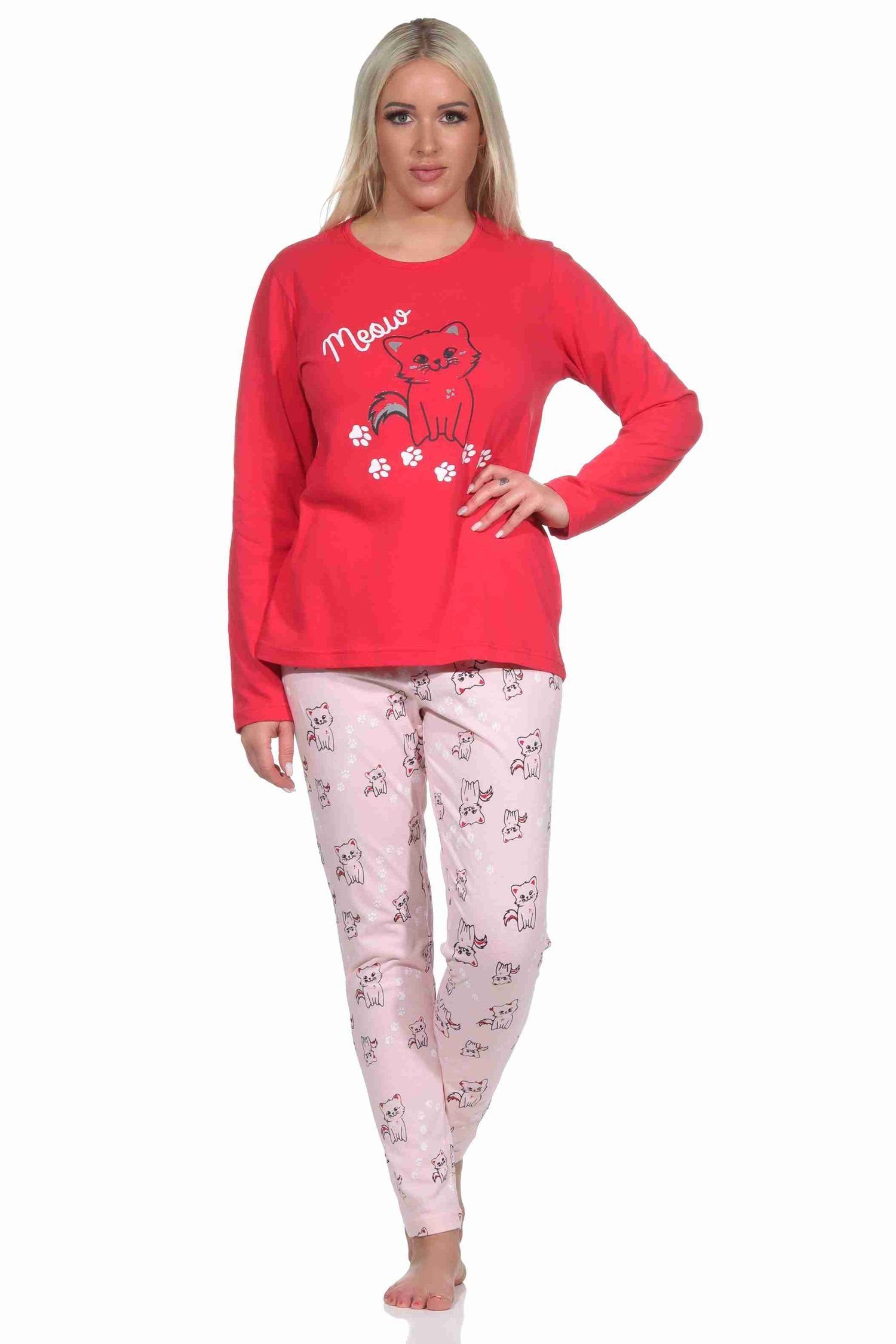 Normann Pyjama Süsser Damen Schlafanzug lang Pyjama mit Katzen - Motiv