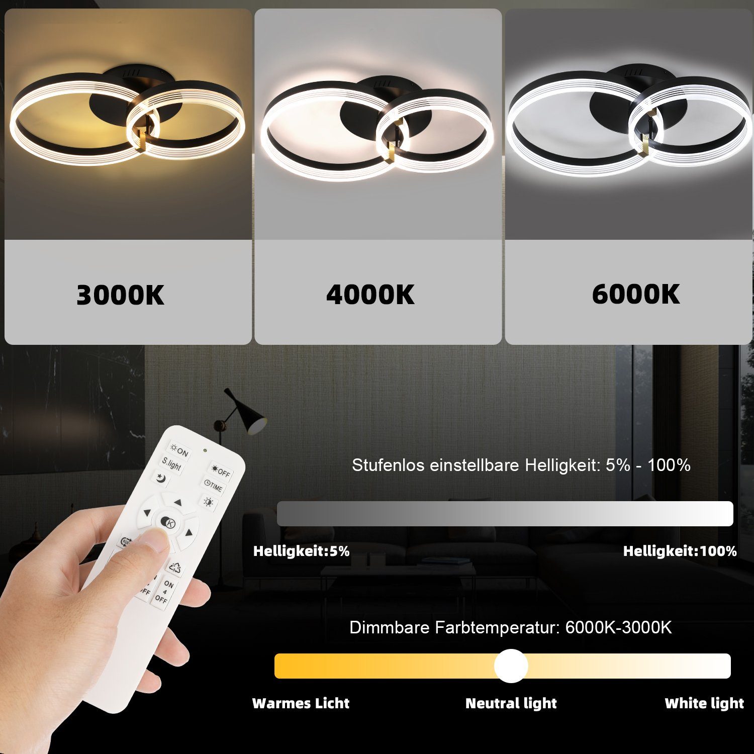 iscooter Deckenleuchte LED Deckenleuchte Dimmbar 3000K - 6500K, 42W Moderne LED Deckenleuchte, LED fest integriert, Warmweiß, Neutralweiß, Kaltweiß, für Schlafzimmer, Küchen, Flure, Haustüren, Kinderzimmer, φ30+40+50cm