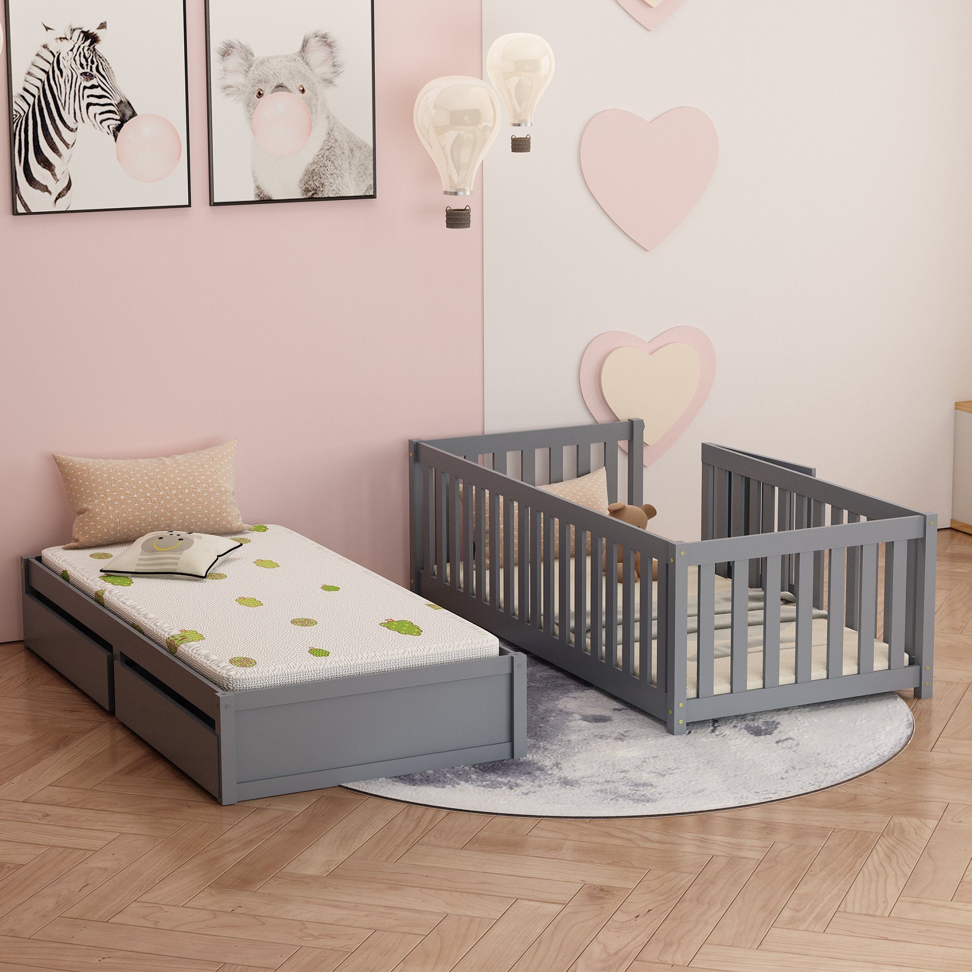 WISHDOR Babybett Baby Bett Kinderbett Jugendbett Holzbett Massivholzbett Bettgitter, 2-tlg., ohne Matratze mit Vollabtrennung Rausfallschutz 90x200 cm Massivholz