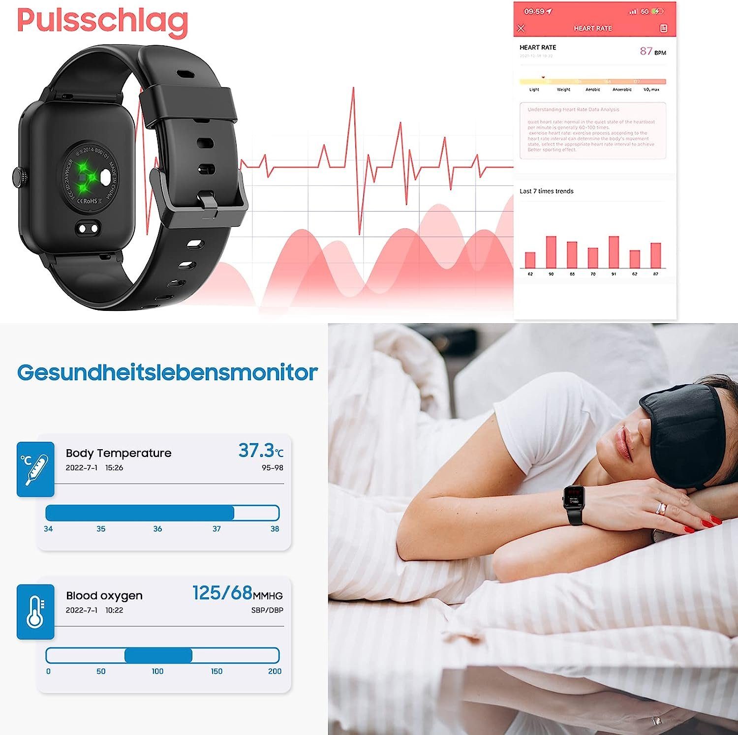 Manike T45MH Smartwatch (4,3 cm/1,69'' HD Voll Touchscreen Zoll) Spar - Set, mit wechselband aus weichem Silikon und Ladenkabel, Herzfrequenzmesser, Analyse von EKG-Daten, Blutdruckmessgerät
