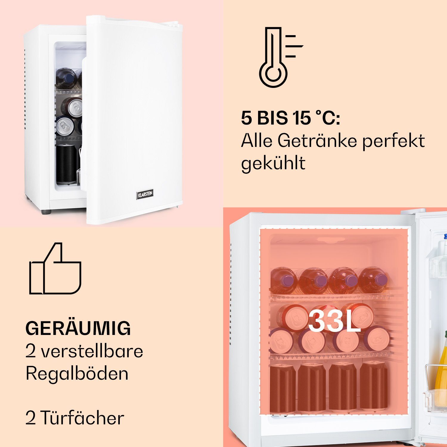 Klarstein Table Top Kühlschrank HEA-HappyHour-32Wht 10035243A, 54 cm hoch, 40 cm breit, Hausbar Minikühlschrank ohne Gefrierfach Getränkekühlschrank klein