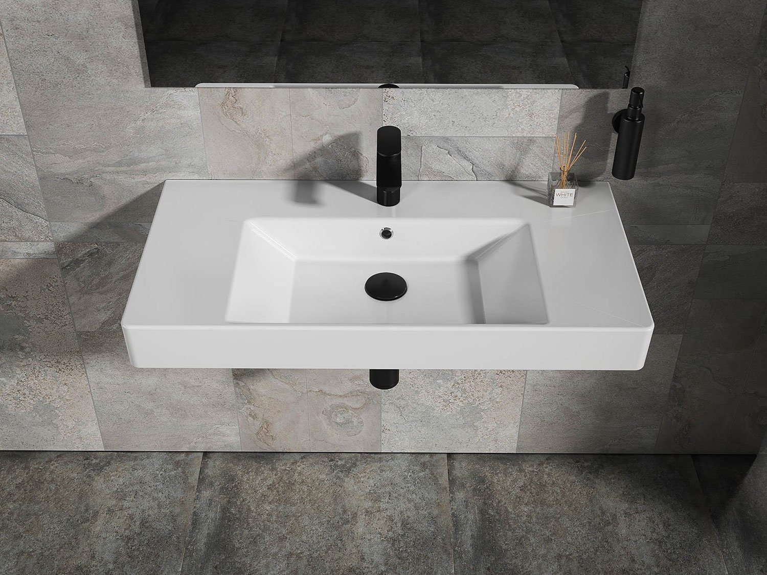 Aqua Bagno Waschbecken Quadra Soft Keramik Waschtisch 90cm weiß Waschbeck (Packung)