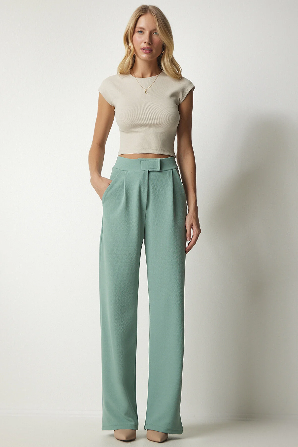 Happiness İstanbul  Wassergrüne, bequeme Webhose mit Klettverschluss für Damen RV00150