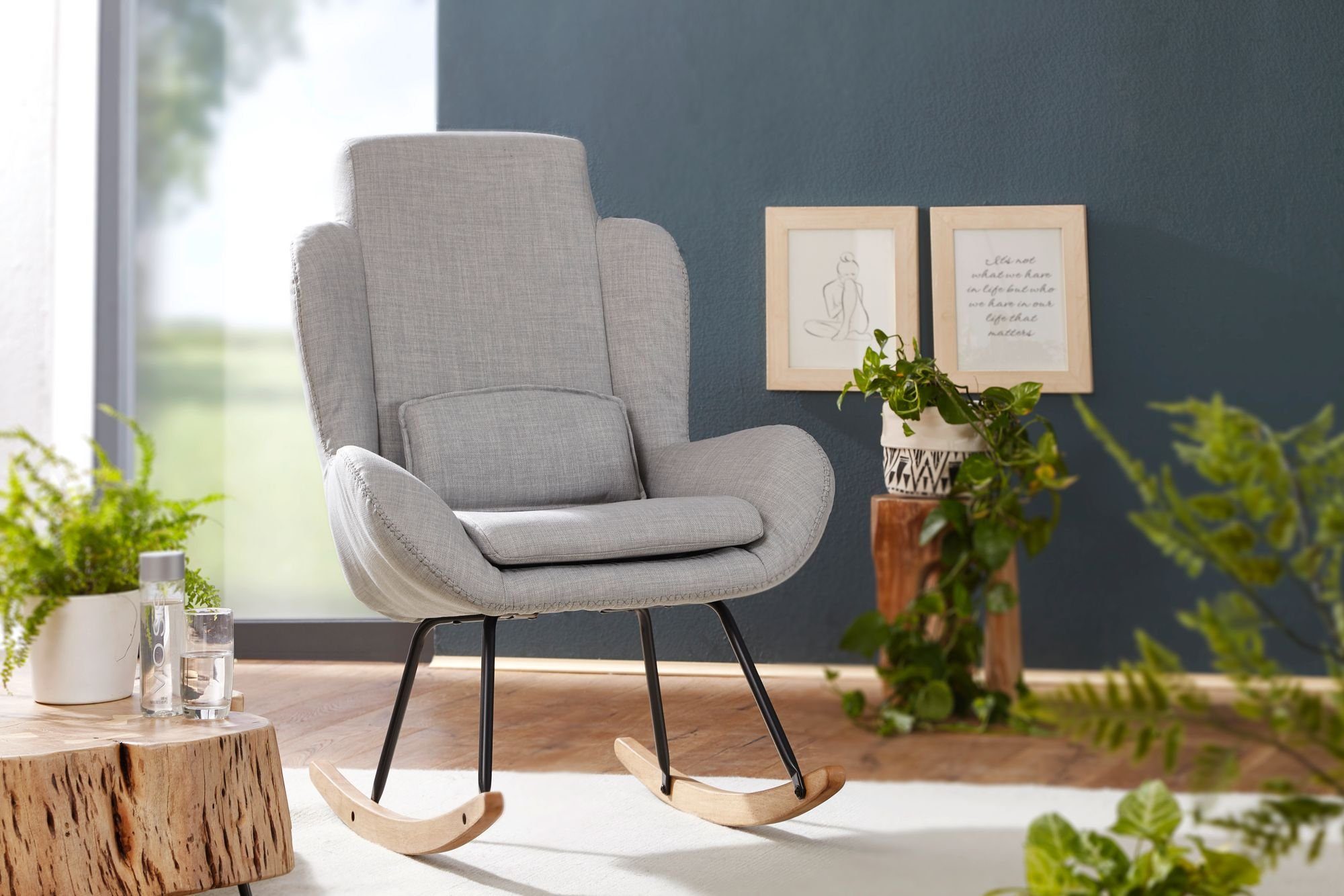 FINEBUY Schaukelstuhl SuVa14311_1 (CAPRI Grau, Stoff Relaxsessel 75 x 110 x 88,5 cm), Schwingsessel Relaxstuhl, Moderner Schwingstuhl