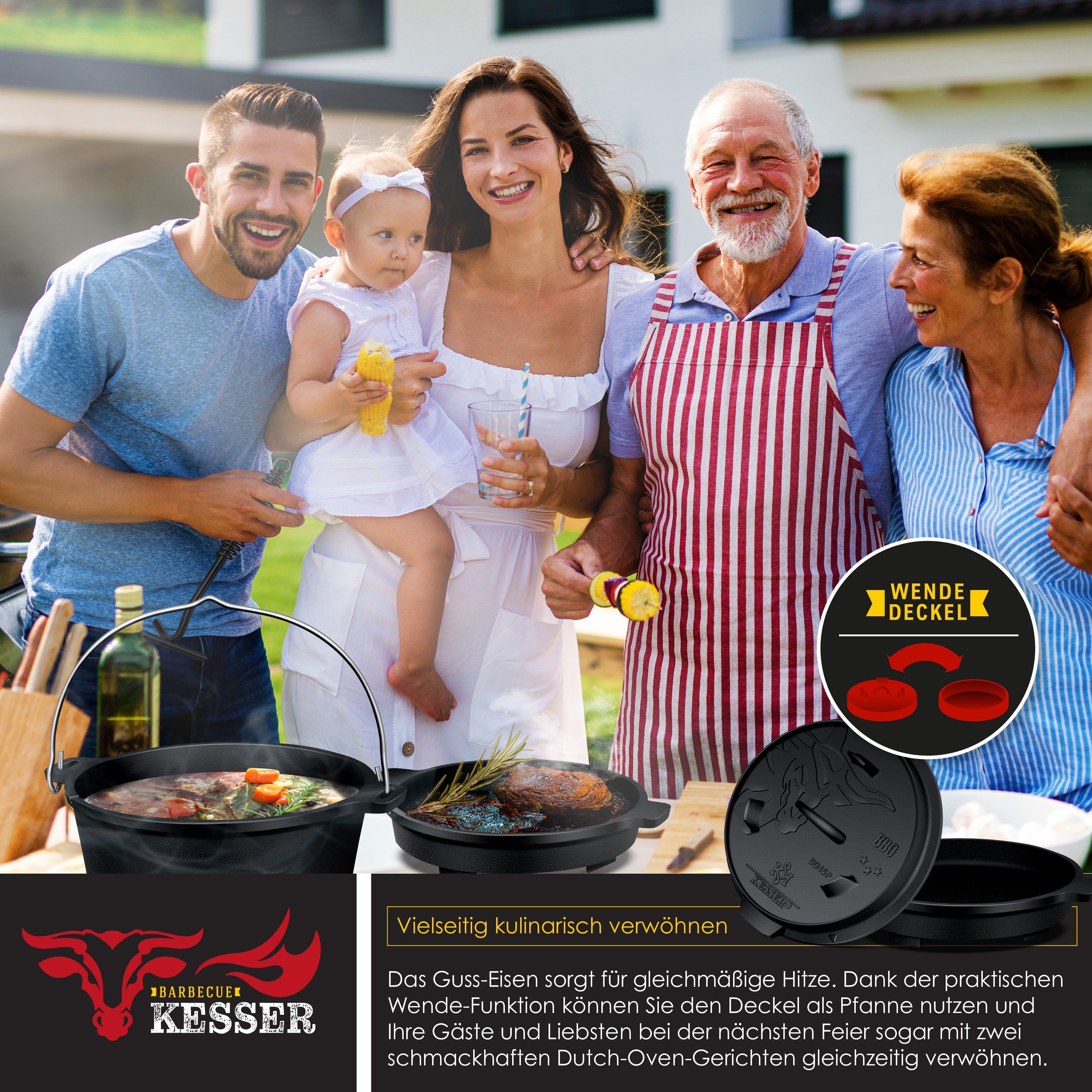 KESSER Feuertopf, Gußeisen, Dutch Oven Set BBQ Feuertopf Schmortopf, Gusseisen Topf