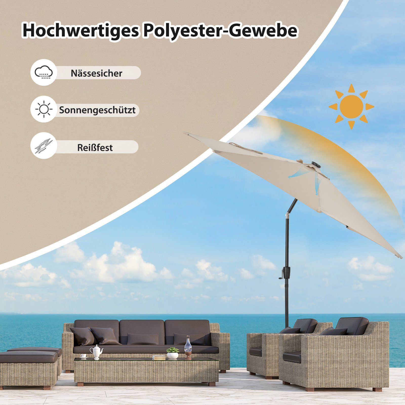COSTWAY Sonnenschirm, Ø3m, mit 112 LED & Kurbel