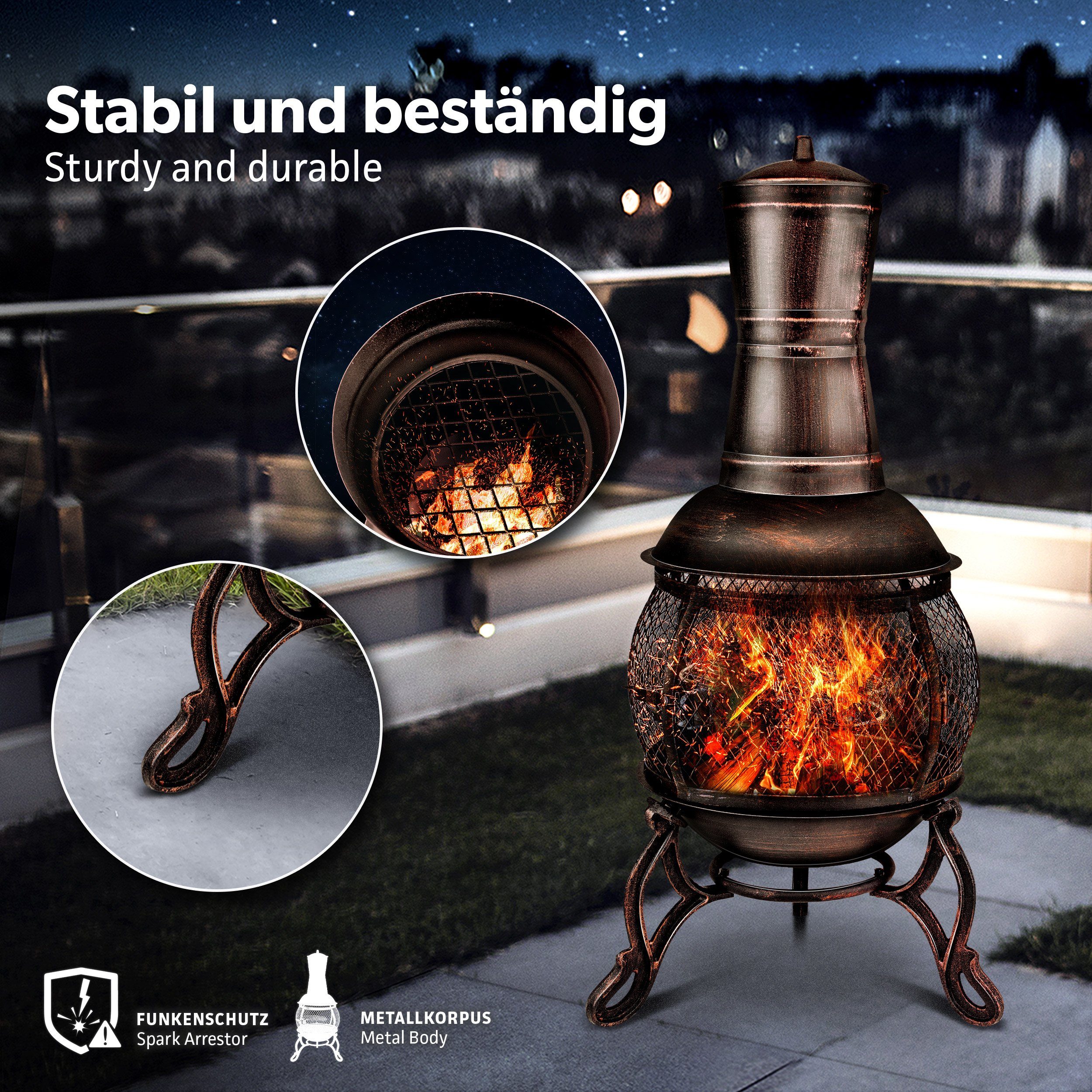 tillvex Feuerkorb Terrassenofen mit Funkenschutz & Zubehör, Gartenkamin mit Abdeckung, (Terrassenofen), Gartenofen Feuerstelle mit Grillfunktion & BBQ Grillrost