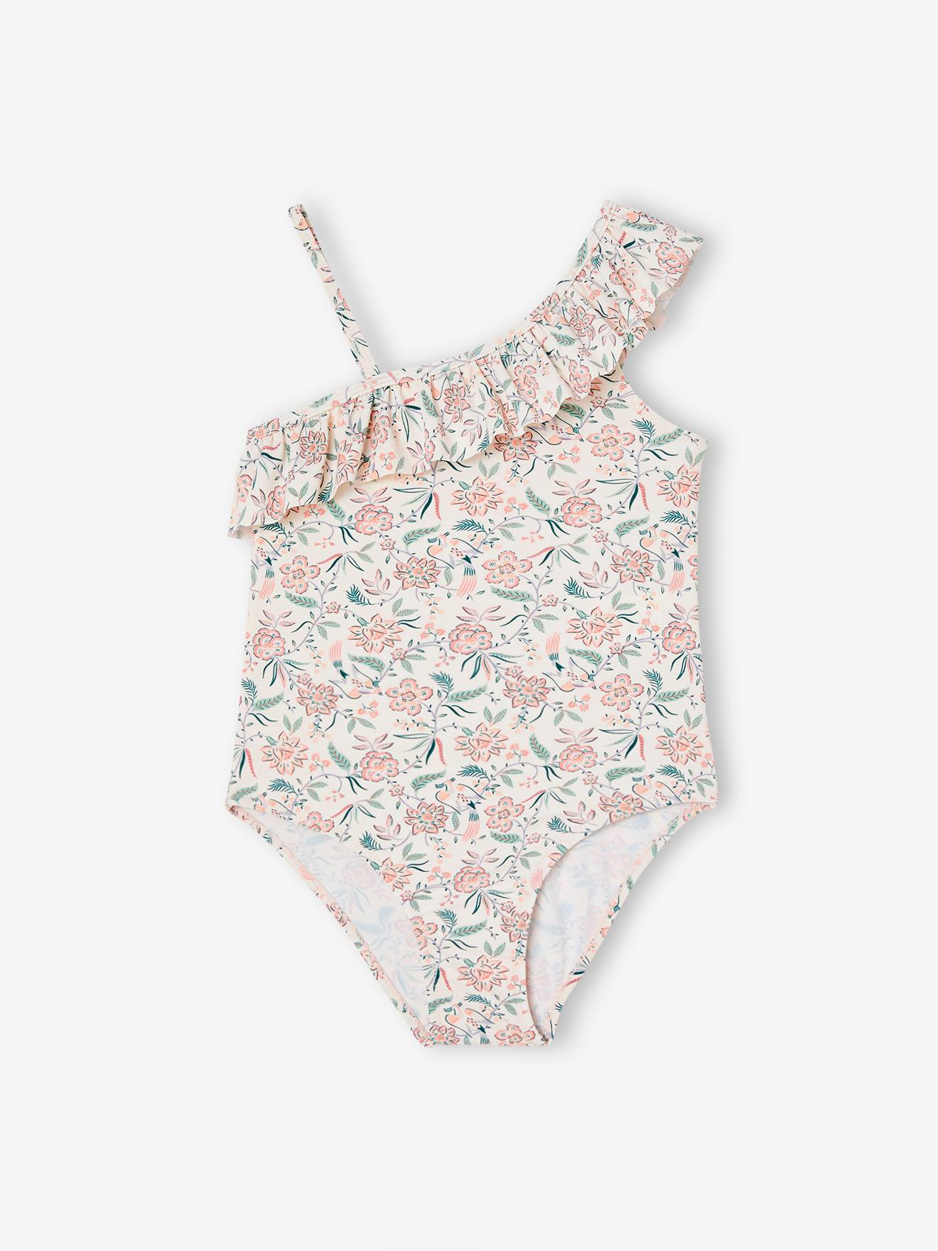 Maillot de bain 1 pièce asymétrique imprimé et volanté fille pêche