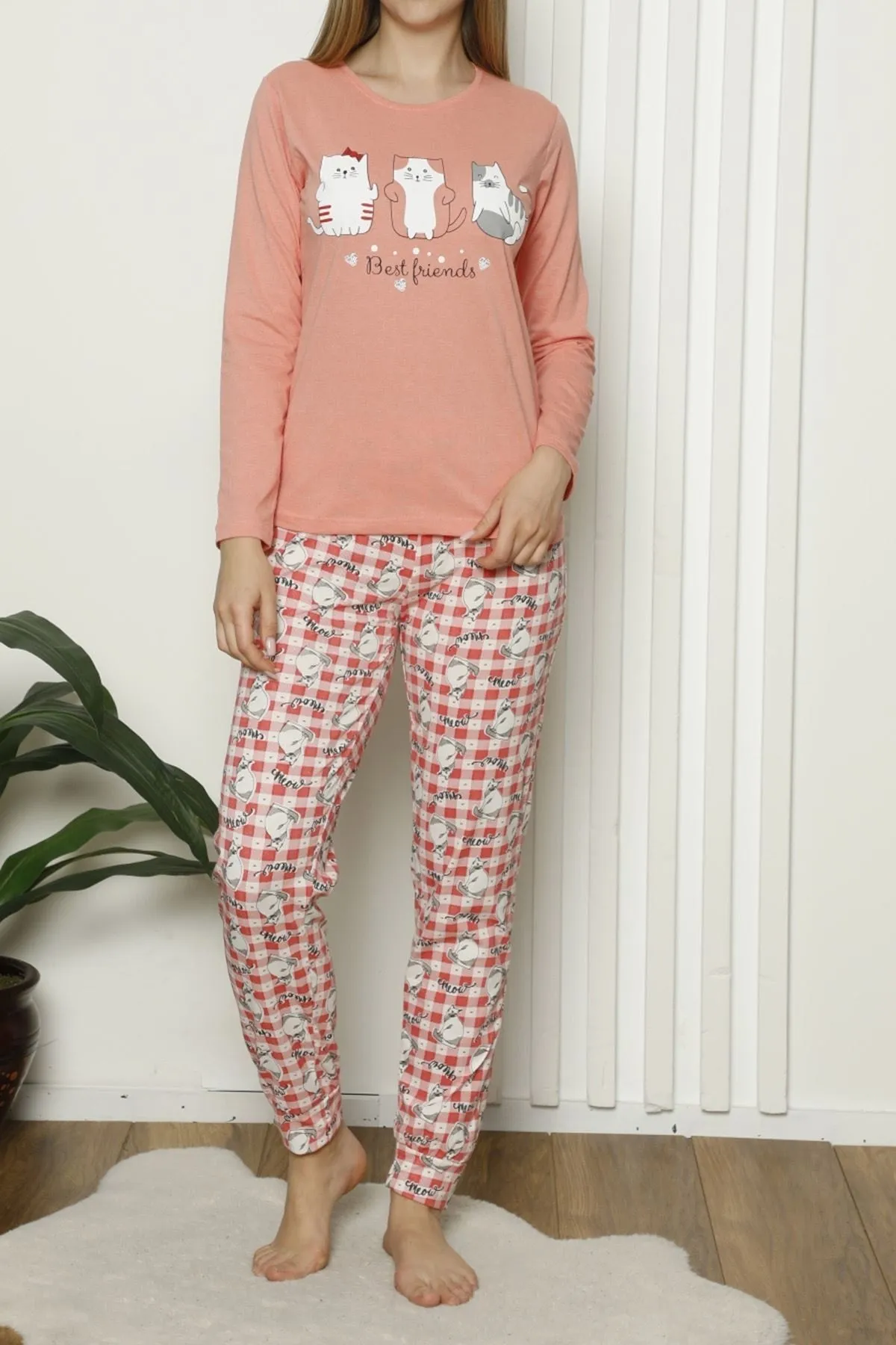 Nicoletta  Damen-Pyjama-Set aus Baumwolle in Koralle