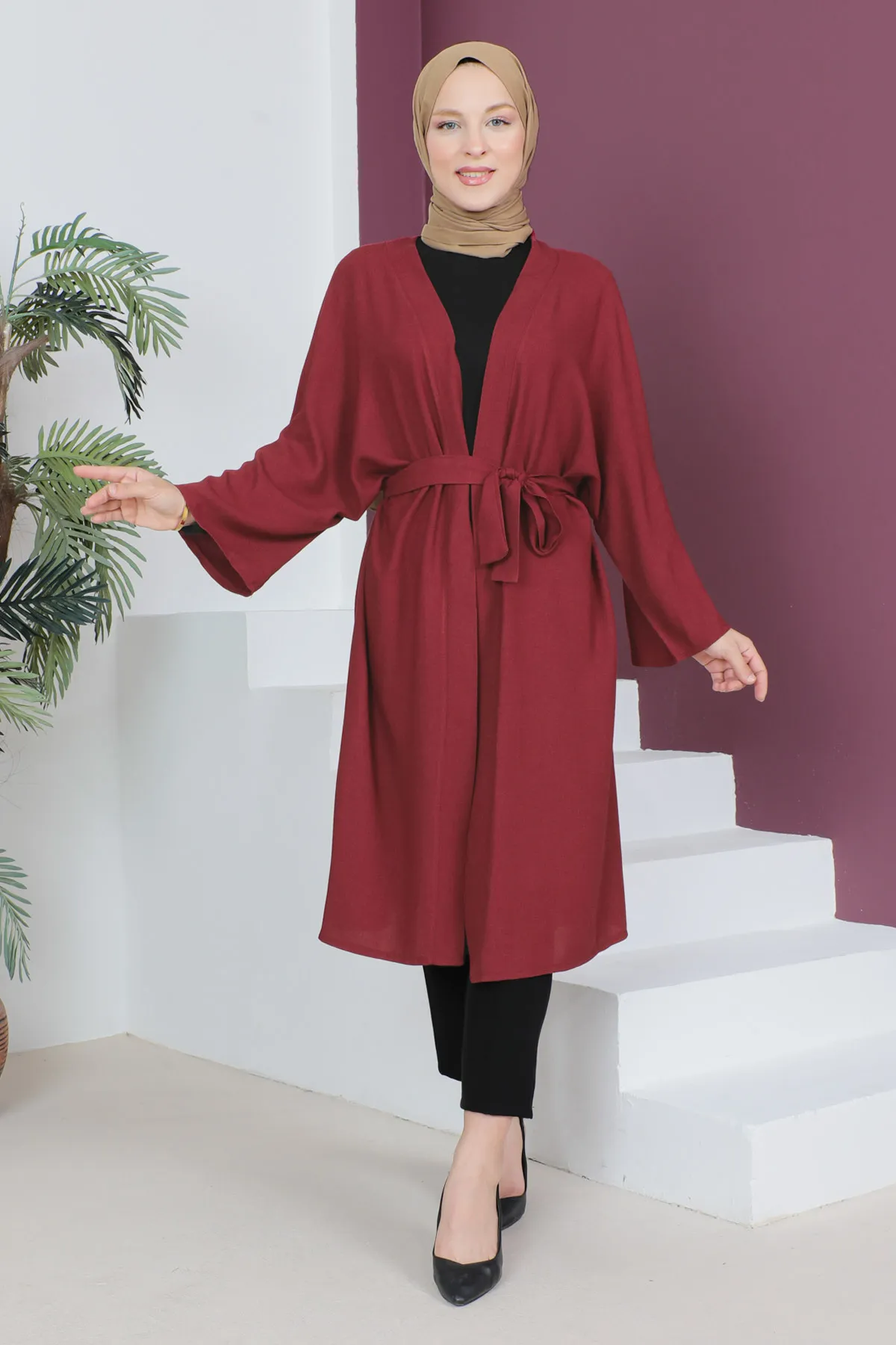 Tesettür Dünyası  Kimono mit Taillengürtel TSD230513 Weinrot