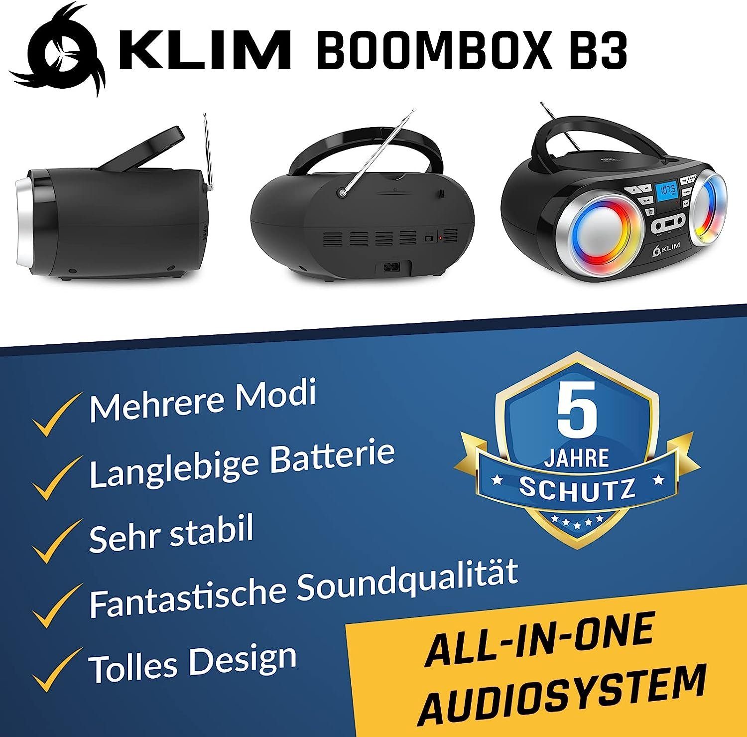 KLIM Boombox B3 Stereo-CD Player (Tragbarer CD Player, FM Radio, MP3, kabelloser Betrieb mit wiederaufladbaren Akku, Digitaler EQ)