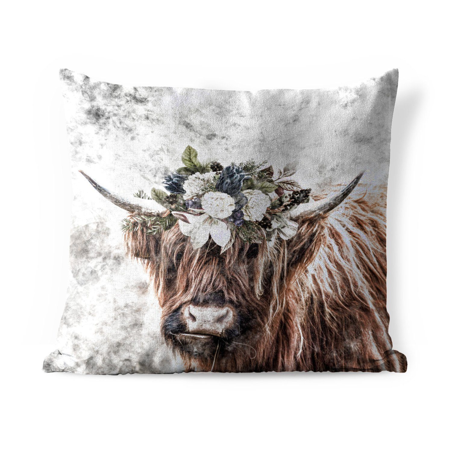 MuchoWow Dekokissen Schottischer Highlander - Schottische Kuh - Blumen, Kissenbezüge, Kissenhülle, Dekokissen, Dekokissenbezug, Outdoor