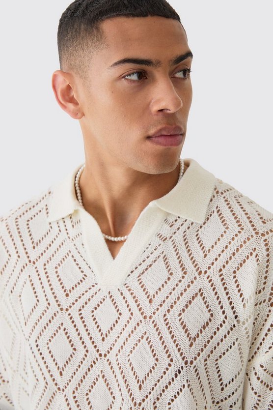 Langärmliges kastiges Strick-Poloshirt in Ecru